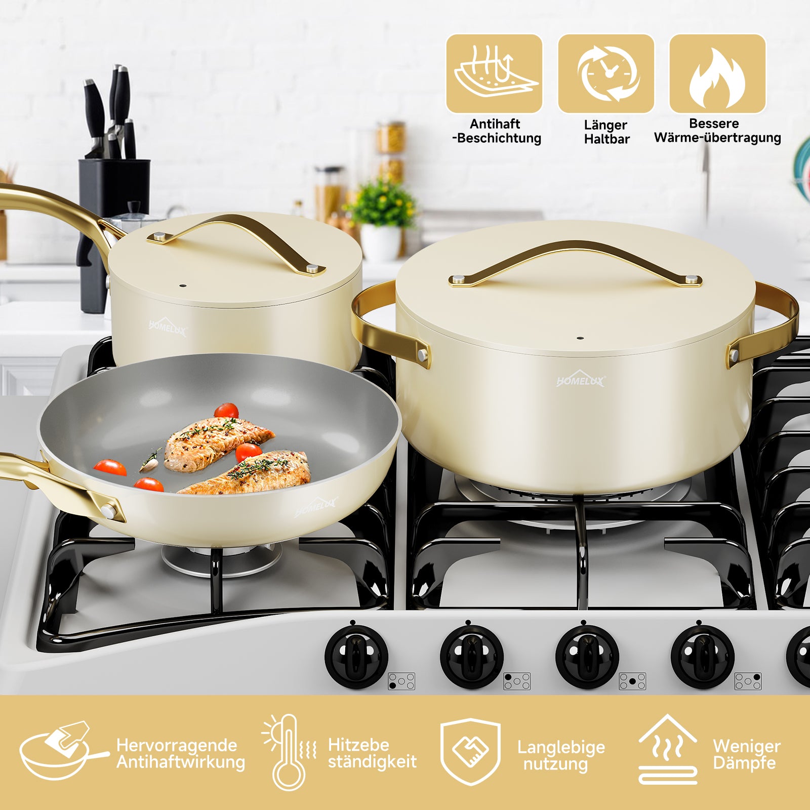 Pot set HOMELUX pot set induction 8 pieces induction pot set pots with glass lid cooking pot set pots and pans set suitable for induction white