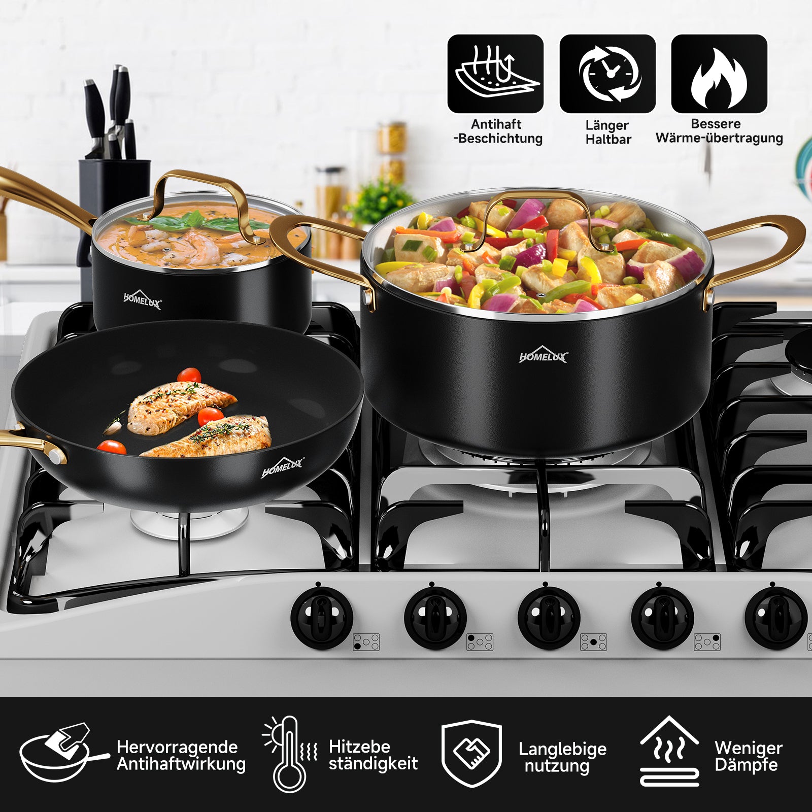 Pot set HOMELUX pot set induction 8 pieces induction pot set pots with glass lid cooking pot set pots and pans set black