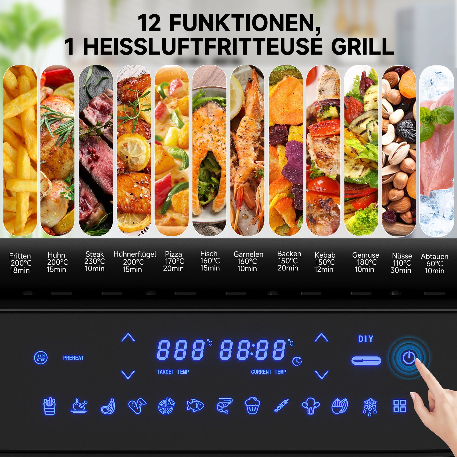 HOMELUX Grill & Heißluftfritteuse 6-in-1 mit Kontaktgrill Plate, Digitalem Temperaturfühler, Touch-Steuerung, Max 230℃, 1700W