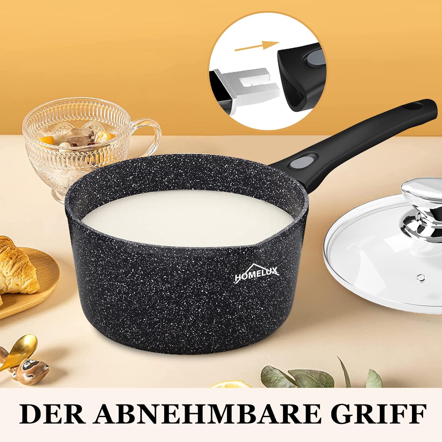 Homelux Induktions-Milchtopf kleiner Kochtopf mit Ausgießer, Stielkasserolle, abnehmbarem Griff. Aluminium, Antihaftbeschichtung