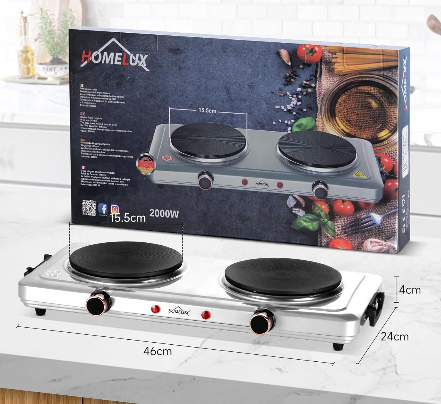 Homelux hotplate 1500W stove top, individually adjustable 5 heating levels, stainless steel hob for kitchen, office or camping 