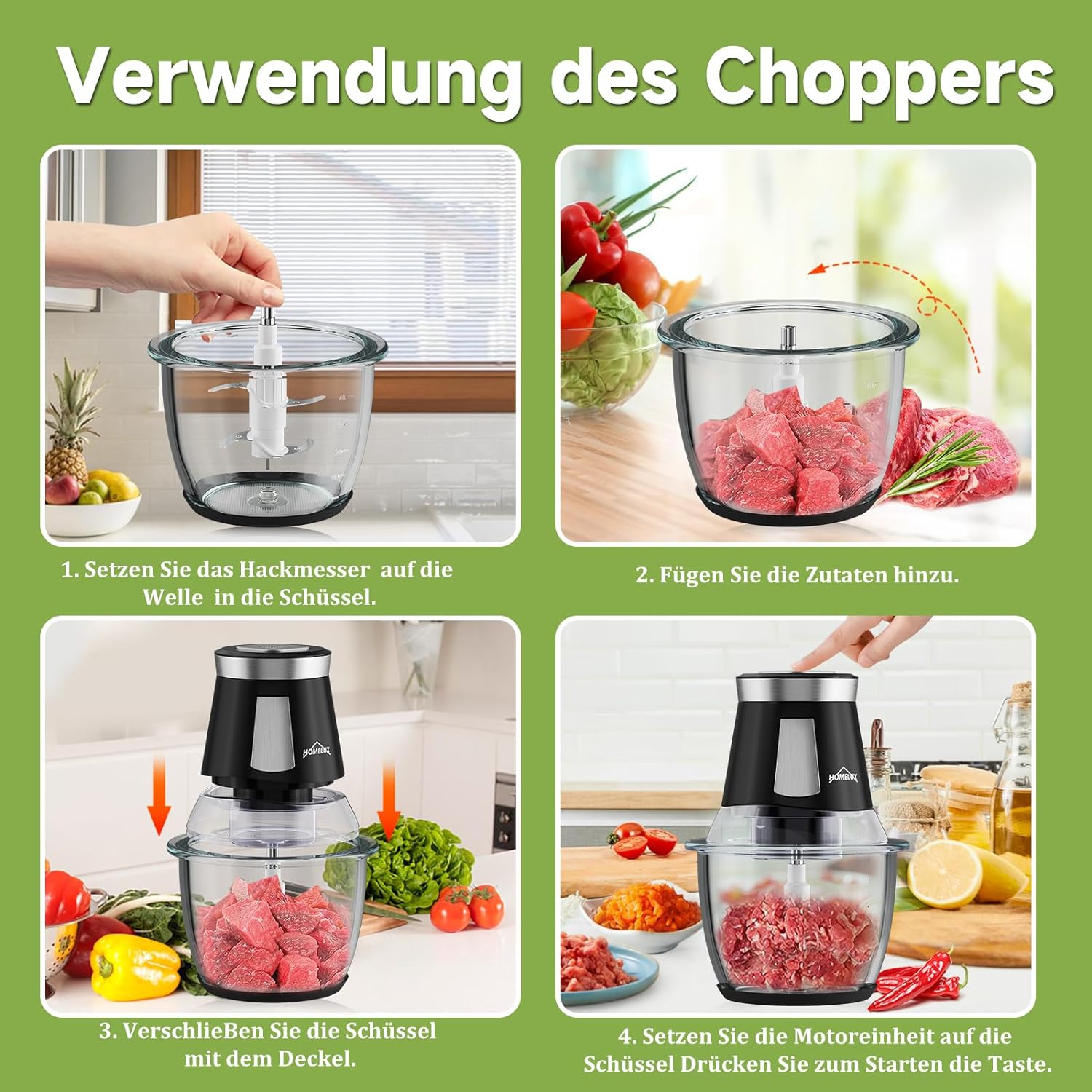 HOMELUX Elektrischer Küchenhäcksler, 300 W Universalhäcksler mit 1.5 L Glasbehälter, Fleischwolf, Multihäcksler, für Fleisch, Gemüse, Obst