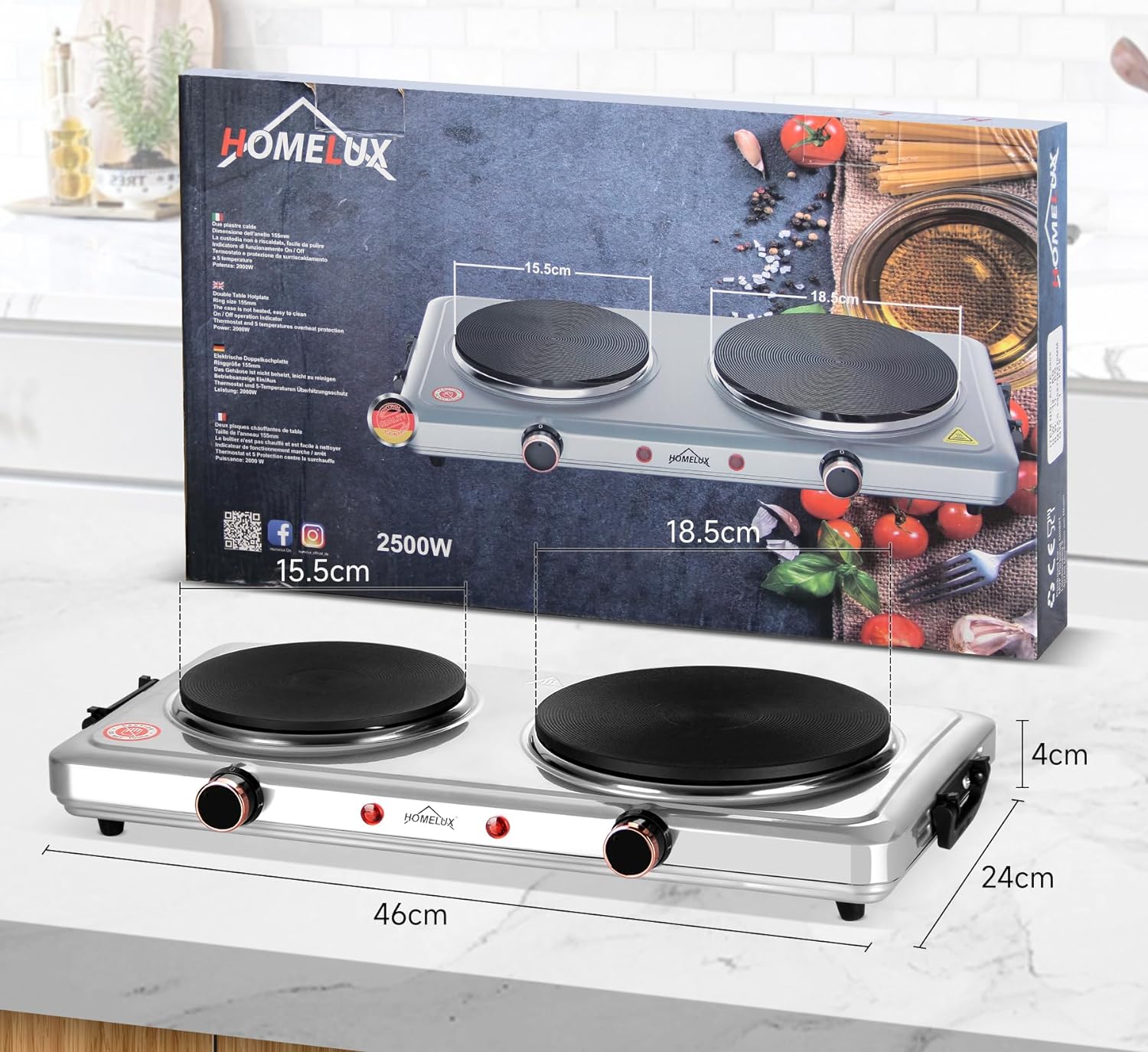 Homelux hotplate 1500W stove top, individually adjustable 5 heating levels, stainless steel hob for kitchen, office or camping 