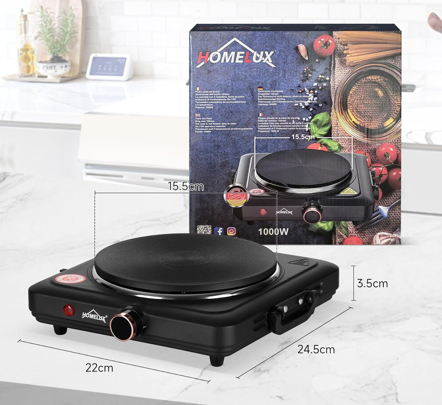 Homelux hotplate 1500W stove top, individually adjustable 5 heating levels, stainless steel hob for kitchen, office or camping 