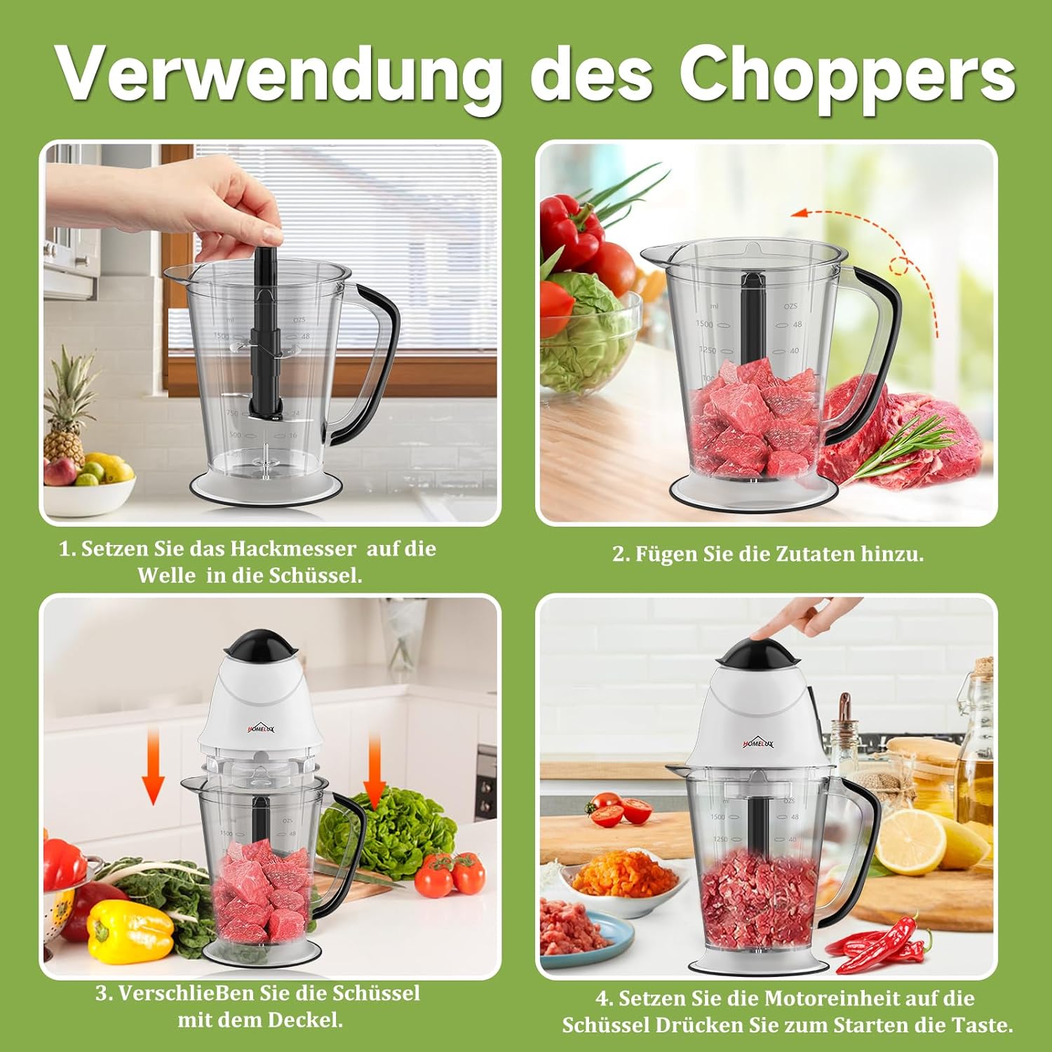 HOMELUX Elektrischer Küchenhäcksler, 300 W Universalhäcksler mit 1.5 L Glasbehälter, Fleischwolf, Multihäcksler, für Fleisch, Gemüse, Obst