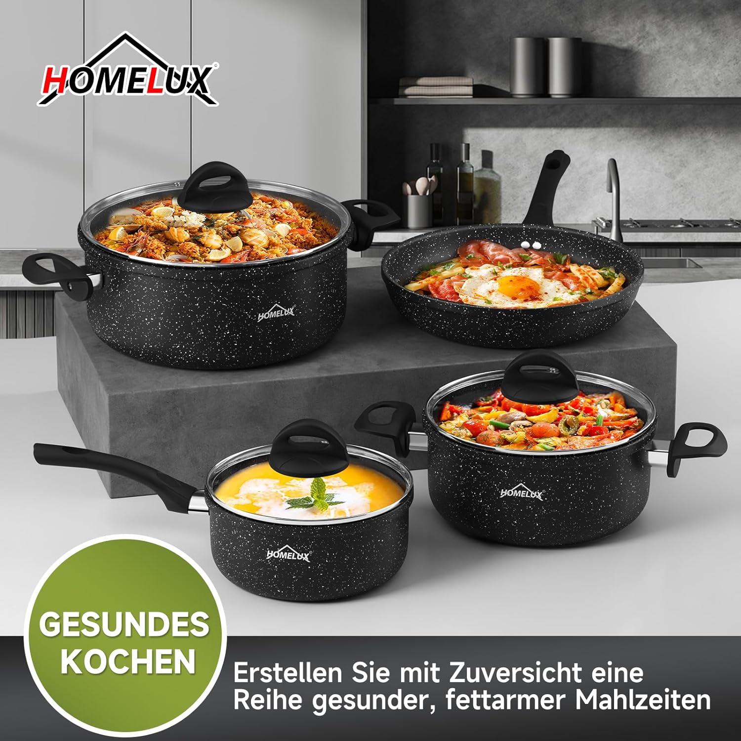 Topfset 13tlg Induktions Töpfe Antihaftbeschichtung Set HOMELUX Aluminiumguss Kochtopfset mit Deckel