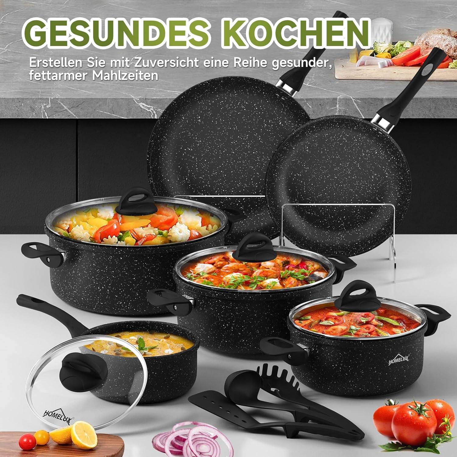 Topfset 13tlg Induktions Töpfe Antihaftbeschichtung Set HOMELUX Aluminiumguss Kochtopfset mit Deckel