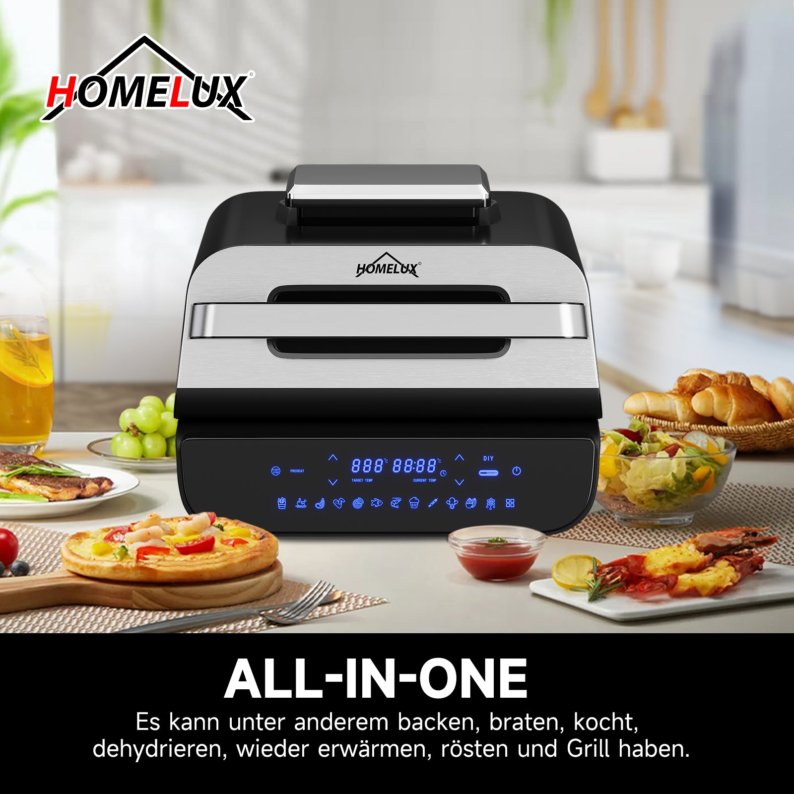 HOMELUX Grill & Heißluftfritteuse 6-in-1 mit Kontaktgrill Plate, Digitalem Temperaturfühler, Touch-Steuerung, Max 230℃, 1700W