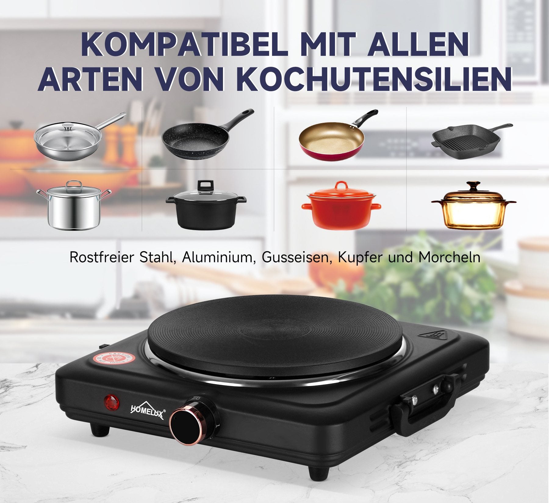 HOMELUX Kochplatte Einzelkochplatte Kochplatte 1000/1500W Herdplatte, Einzeln Regelbare 5 Heizstufen