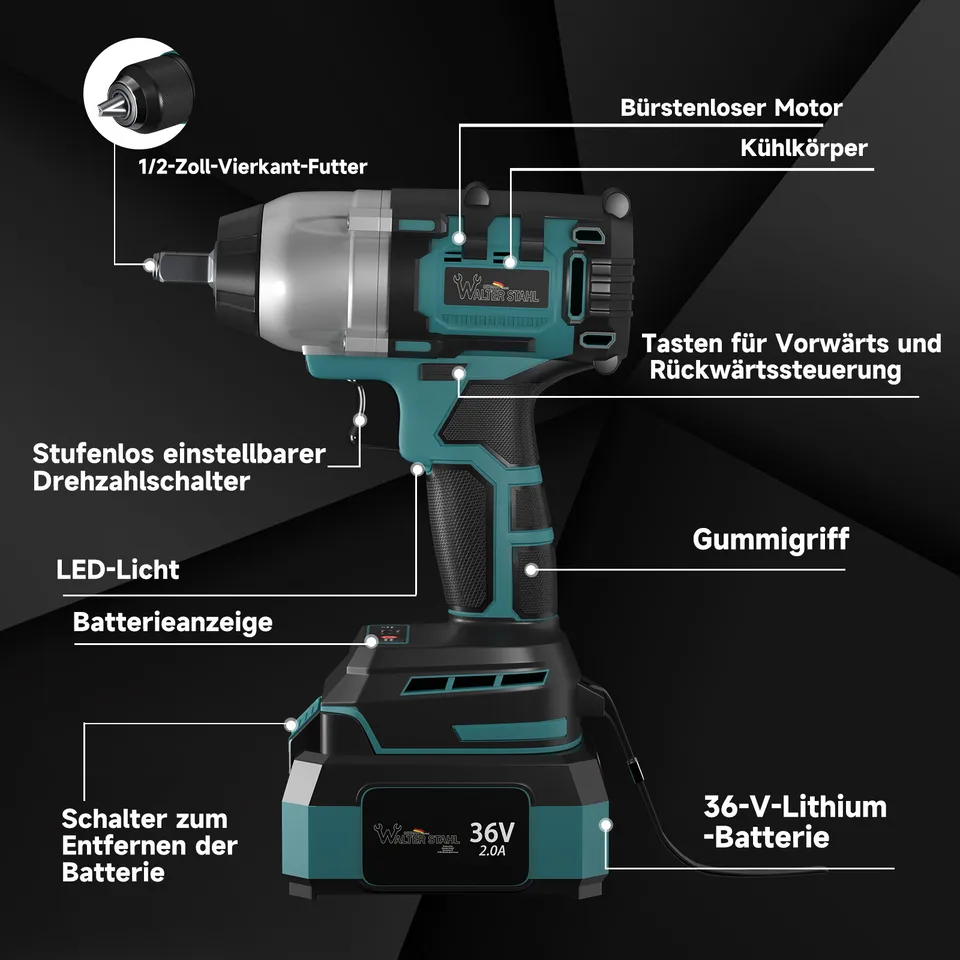 36V Akku-Schlagschrauber, 2 x 2,0 Ah Akkus, Ladegerät im Paket