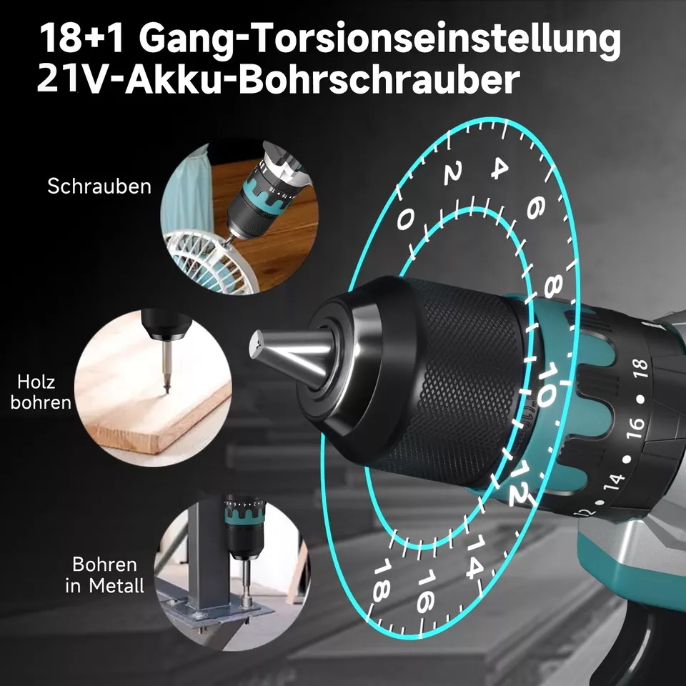 Akkuschrauber 21V, 2x 1.5Ah Batterie, 2 Gangschaltung, 18+1 Drehmomentstufen, LED Licht, Schnellladegerät inkl.