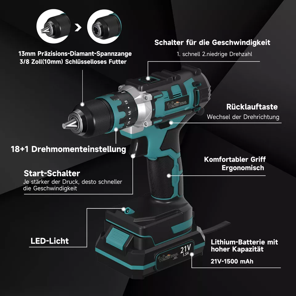 Akkuschrauber 21V, 2 Akkus 1.5Ah, 2 Gangschaltung, 18+1 Drehmomentstufen, LED Licht, Schnellladegerät inkl. Bohrer-Set