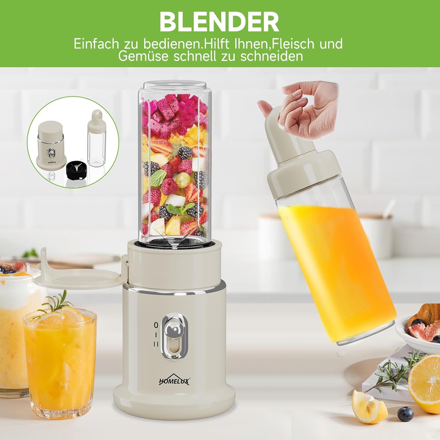 HOMELUX Küchenallrounder Mixer Mühle 2L Glas 600ml Becher