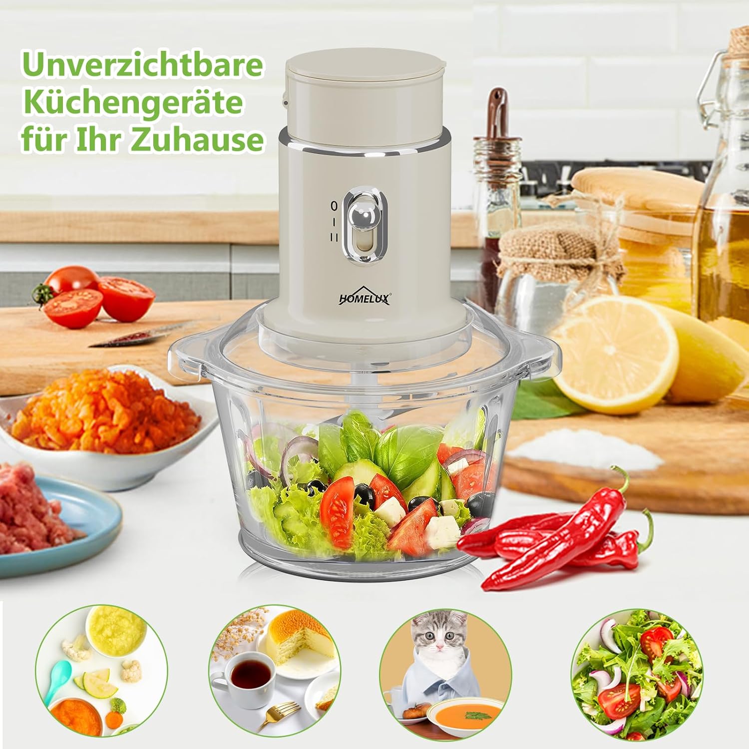 HOMELUX Zerkleinerer Mixer Mühle 2L Glas 600ml Becher