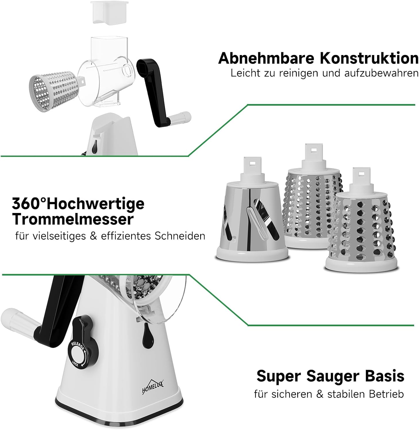 HOMELUX Drehscheibenreiber 3-fach Gemüse- und Käseschneider Handkurbel 3-teilige Trommel für Gemüse Universal-Reibe