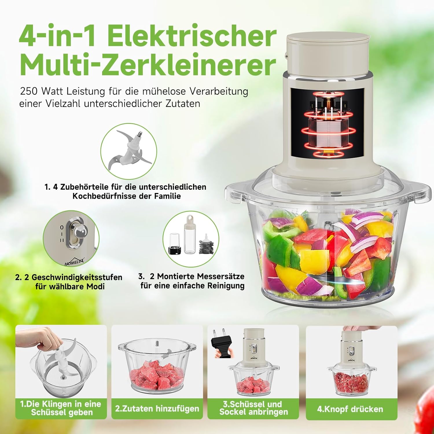 HOMELUX Zerkleinerer Mixer 2L Glas 600ml Saftbecher