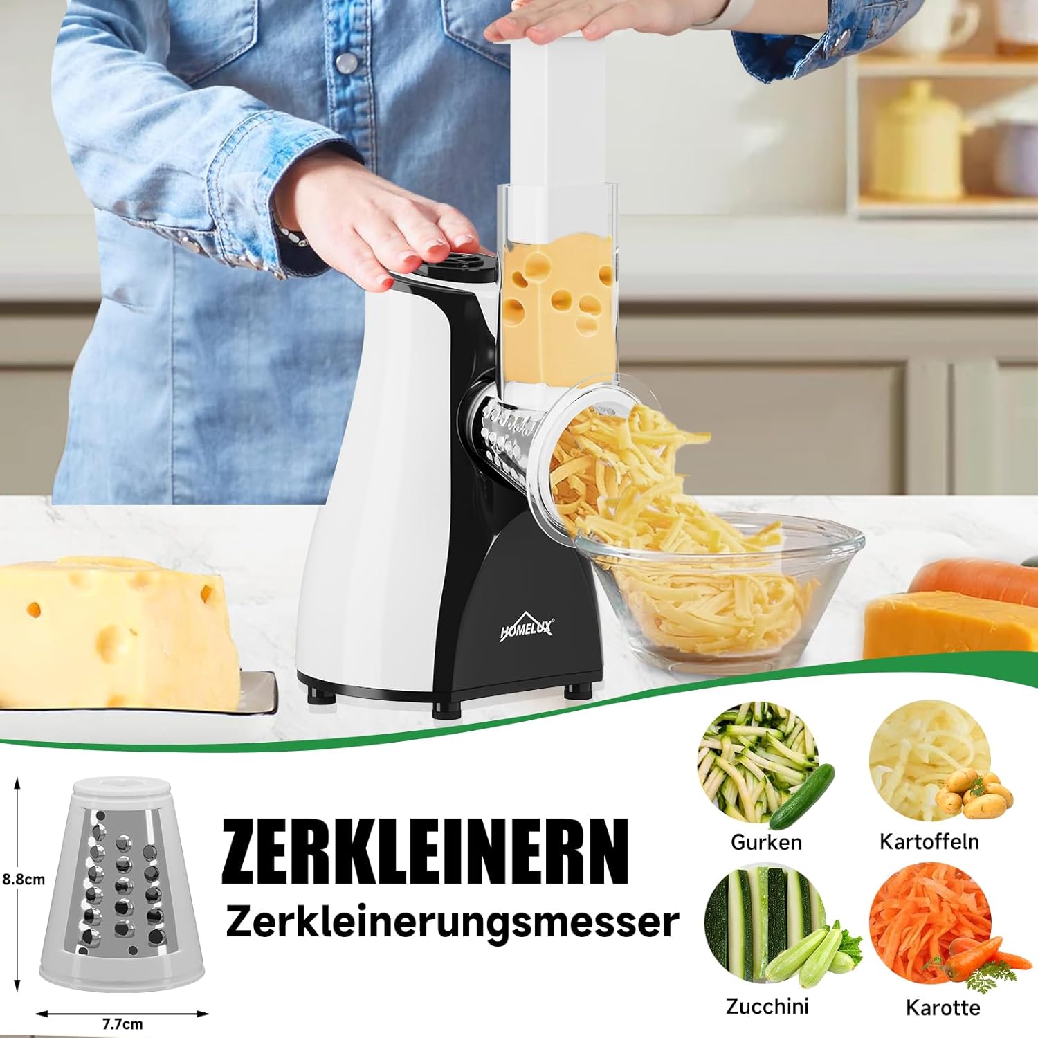 HOMELUX Elektr Gemüseschneider 5-fach Reibe Käse- & Gemüsehobel 5 Trommelklingen