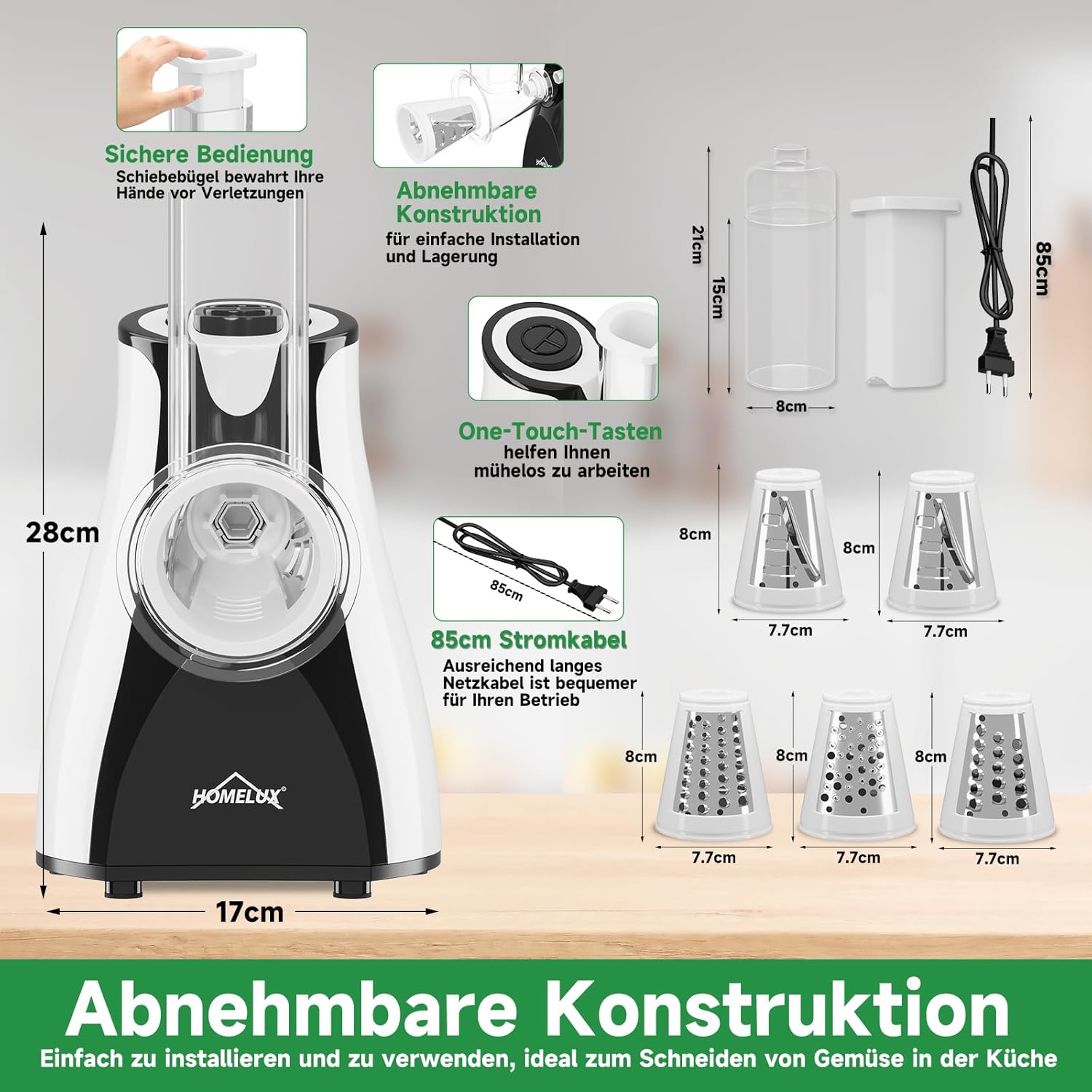 HOMELUX Elektr Gemüseschneider 5-fach Reibe Käse- & Gemüsehobel 5 Trommelklingen