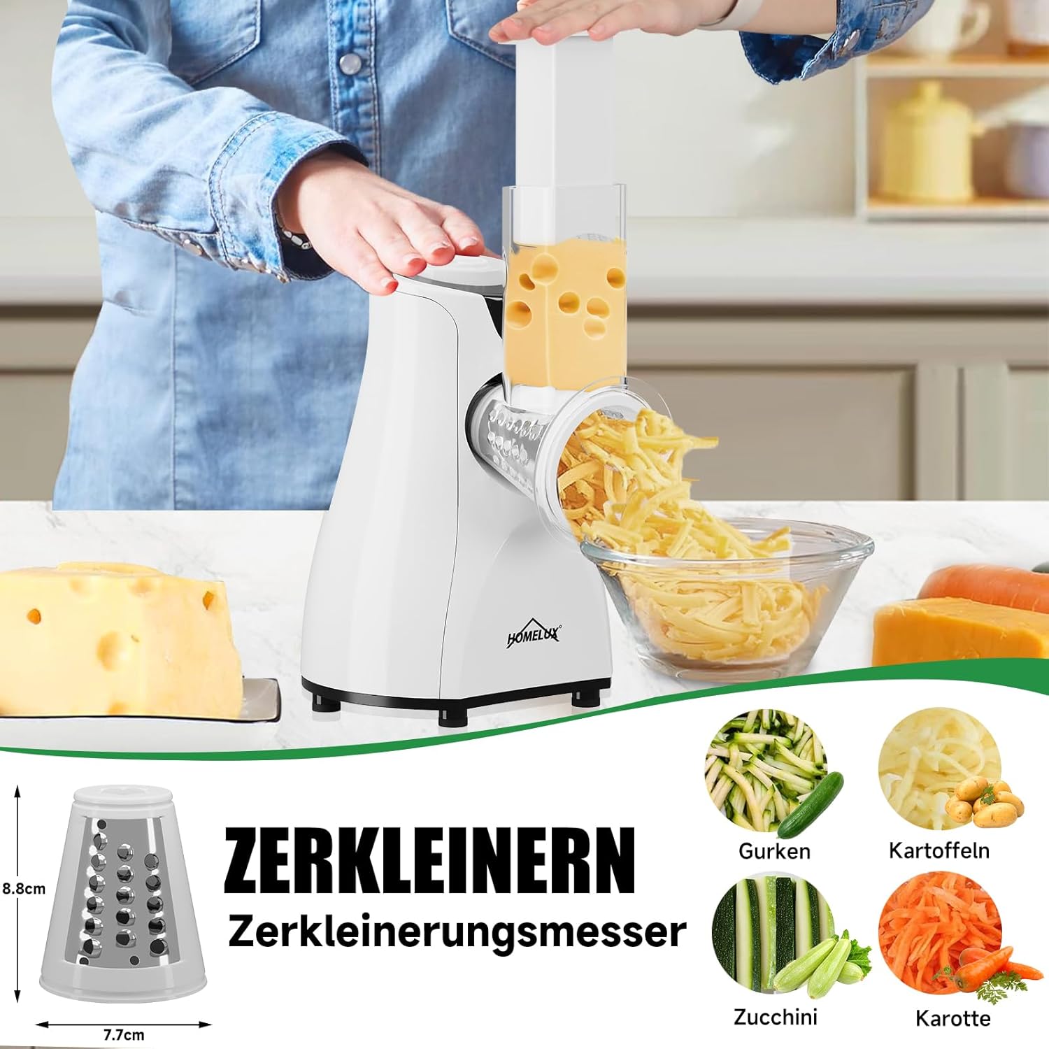 HOMELUX Elektr Gemüseschneider 5-fach Reibe Käse- & Gemüsehobel 5 Trommelklingen