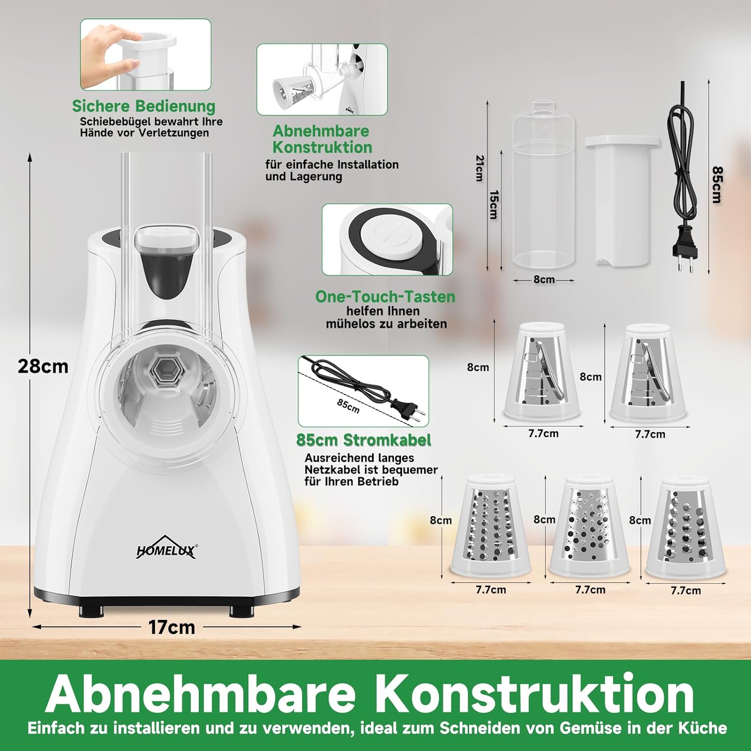 HOMELUX Elektr Gemüseschneider 5-fach Reibe Käse- & Gemüsehobel 5 Trommelklingen