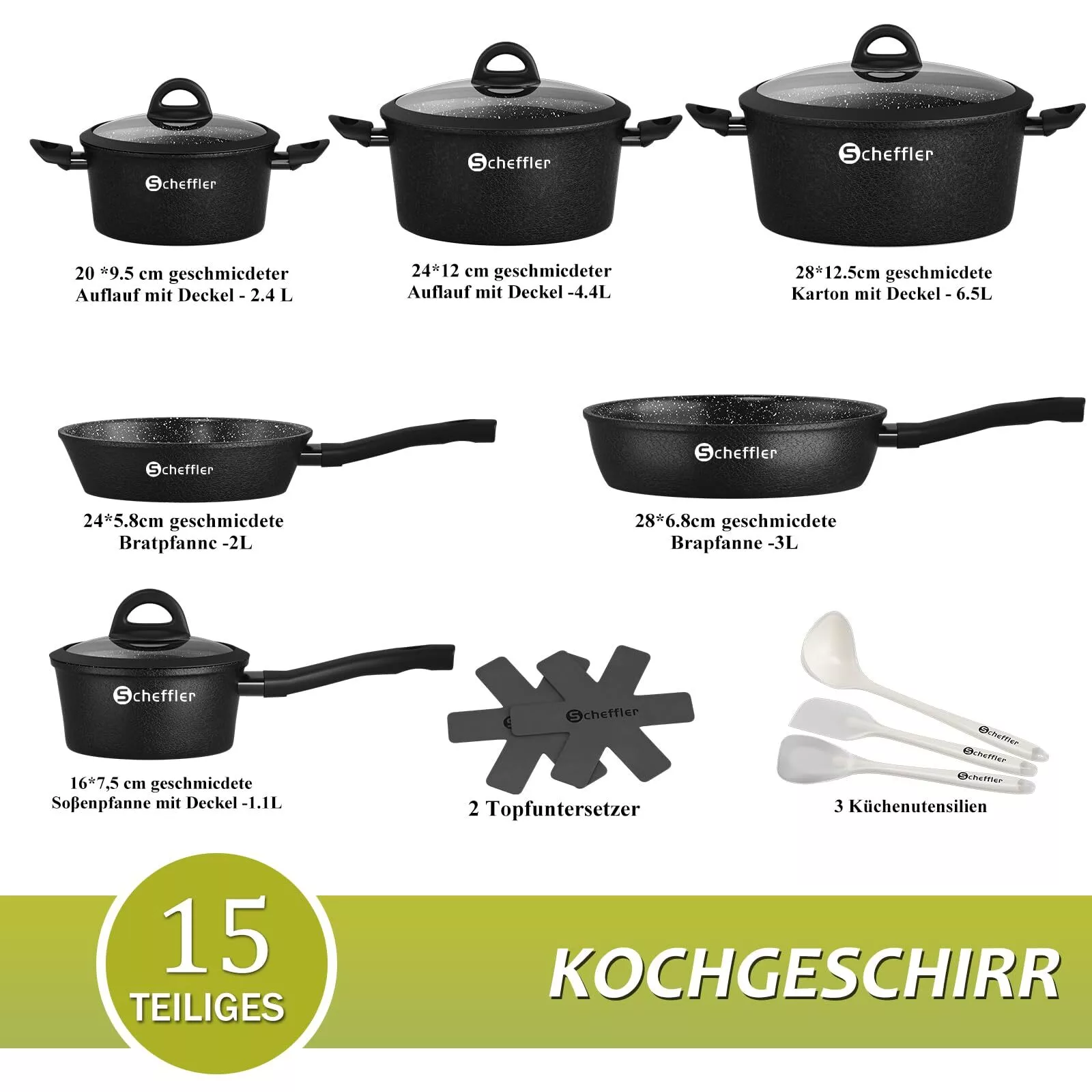 15-piece pot set, pan set, non-stick coating, induction cooking pot, glass lid 