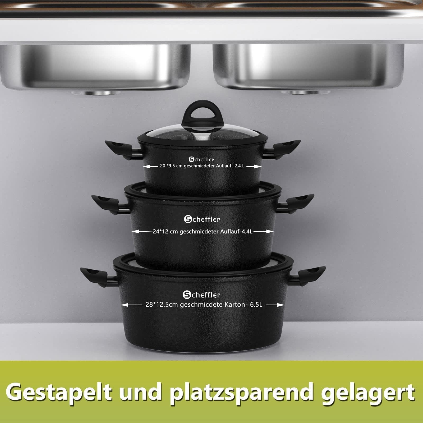 6-piece pot set induction non-stick coated pot set with glass lid 