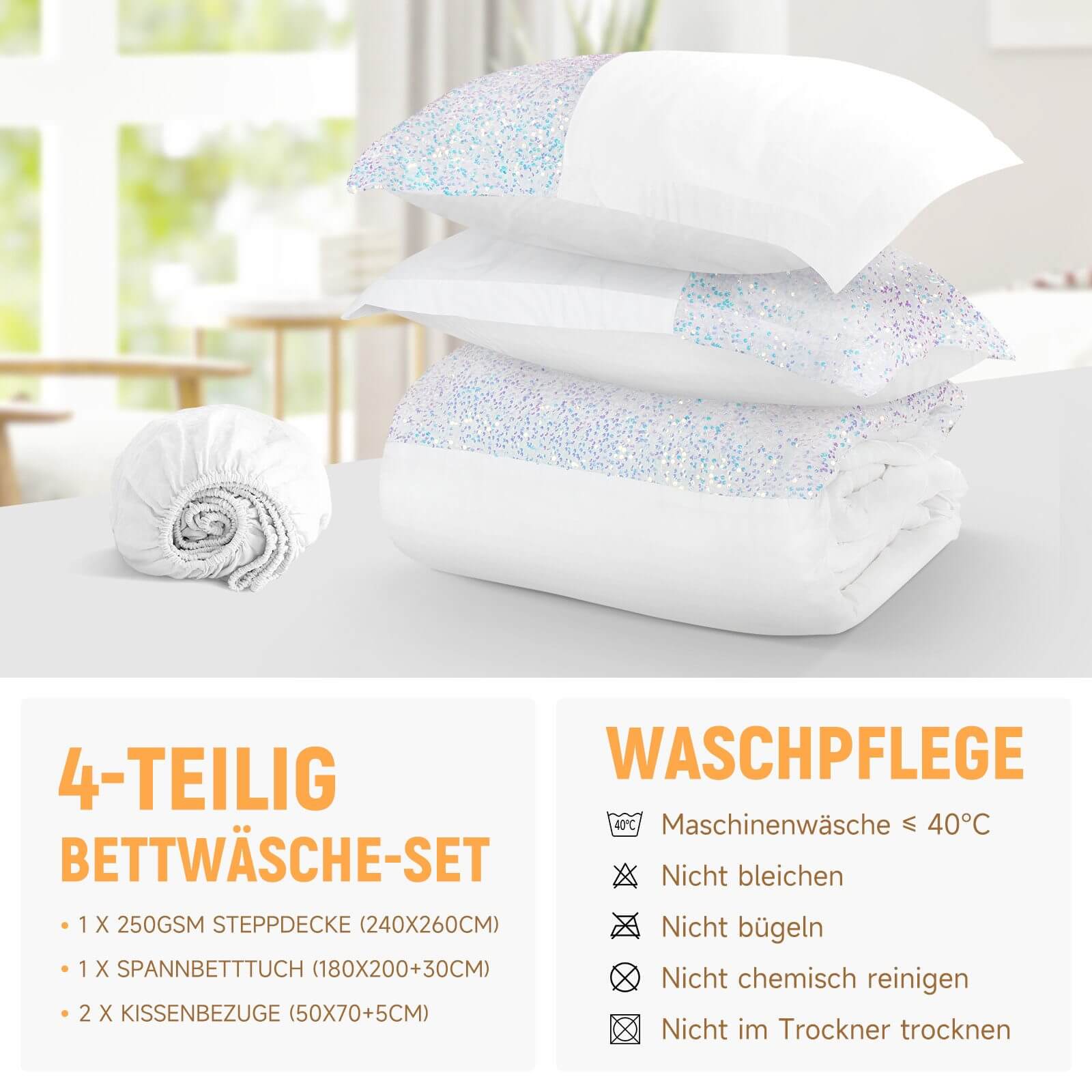 Bettwäsche Set 180x200 cm, 4-teilig, inklusive Steppdecke 240x260 cm und 2 Kissenbezügen 50x70 cm