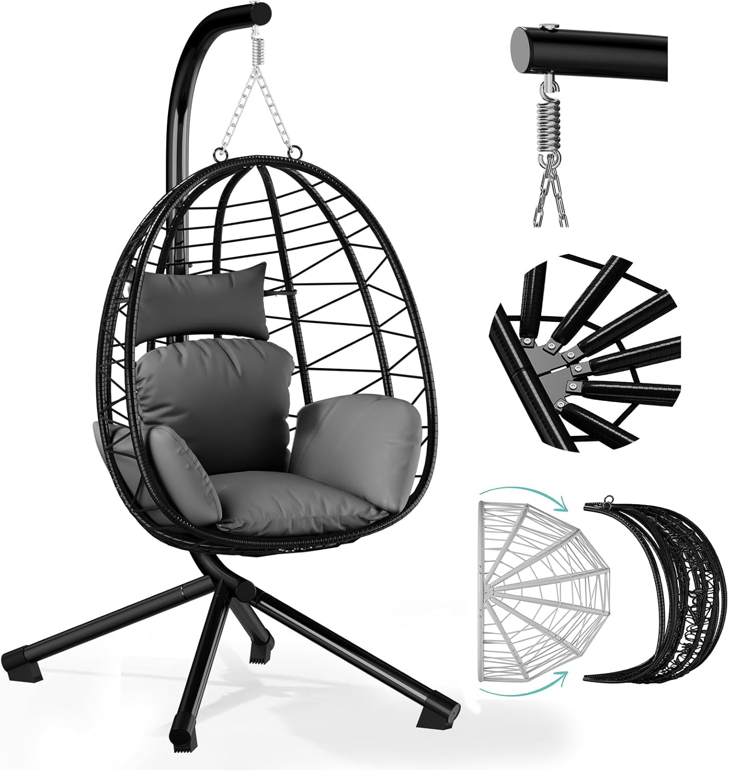 HOMELUX Hanging Chair with Frame Hammock Hanging Chair with Cushion Swing Max. 150 kg, Grey