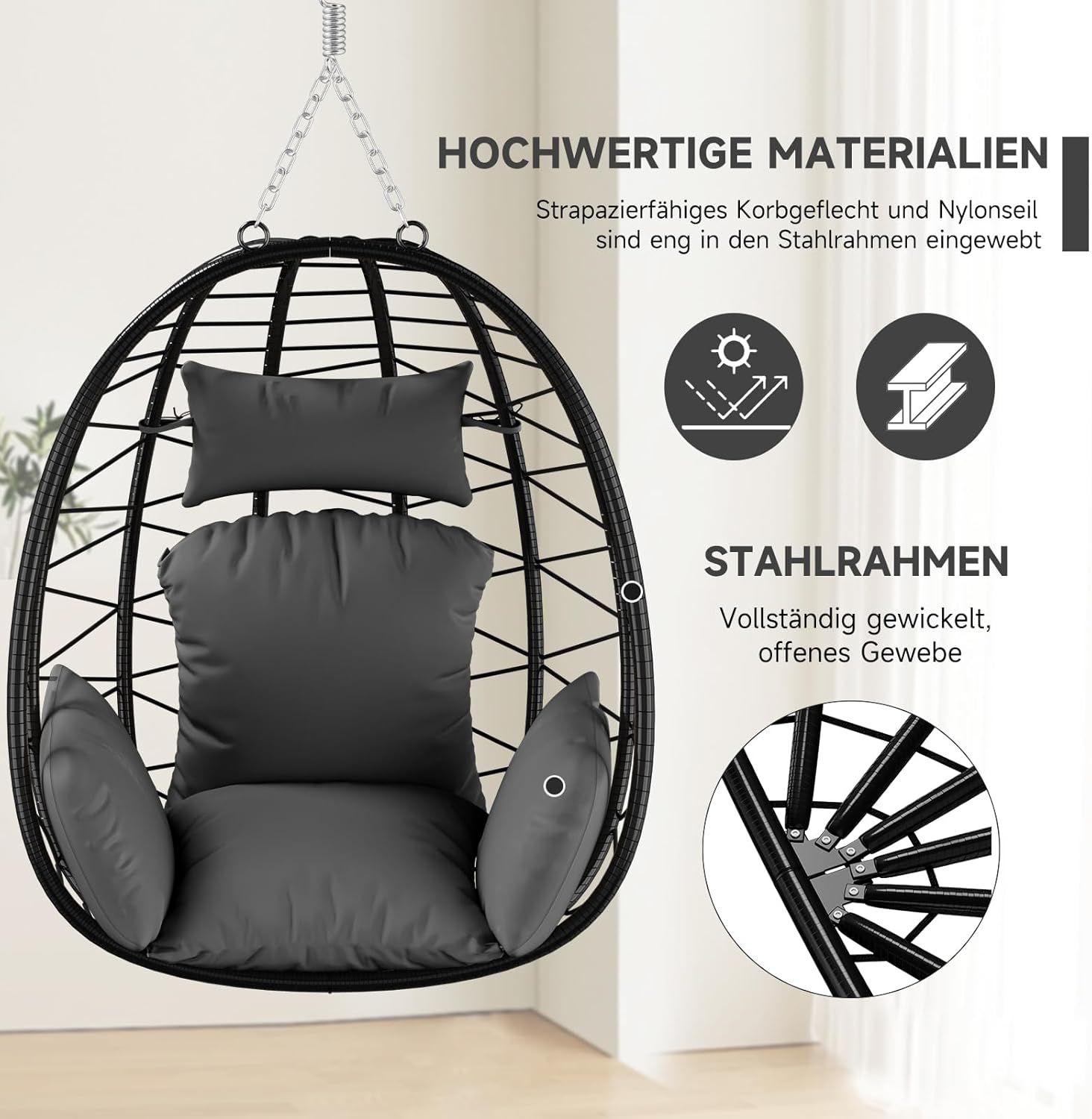 HOMELUX Hanging Chair with Frame Hammock Hanging Chair with Cushion Swing Max. 150 kg, Grey