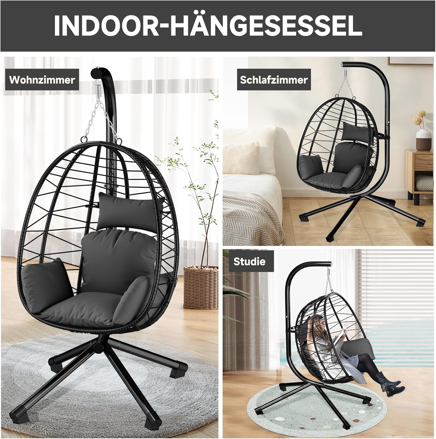 HOMELUX Hängesessel mit Gestell Hängematte Hängestuhl mit Kissen Schaukel Max. 150 kg, Grau