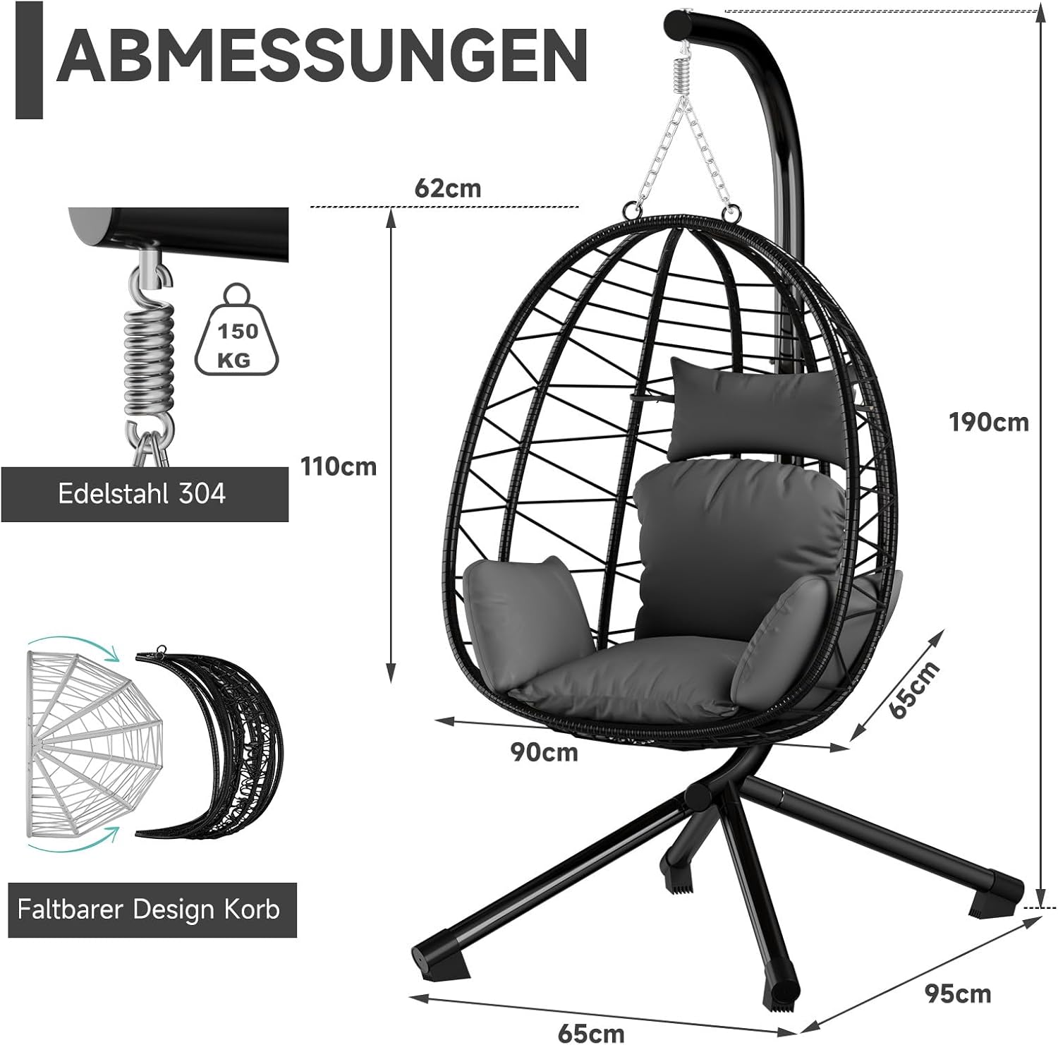 HOMELUX Hängesessel mit Gestell Hängematte Hängestuhl mit Kissen Schaukel Max. 150 kg, Grau