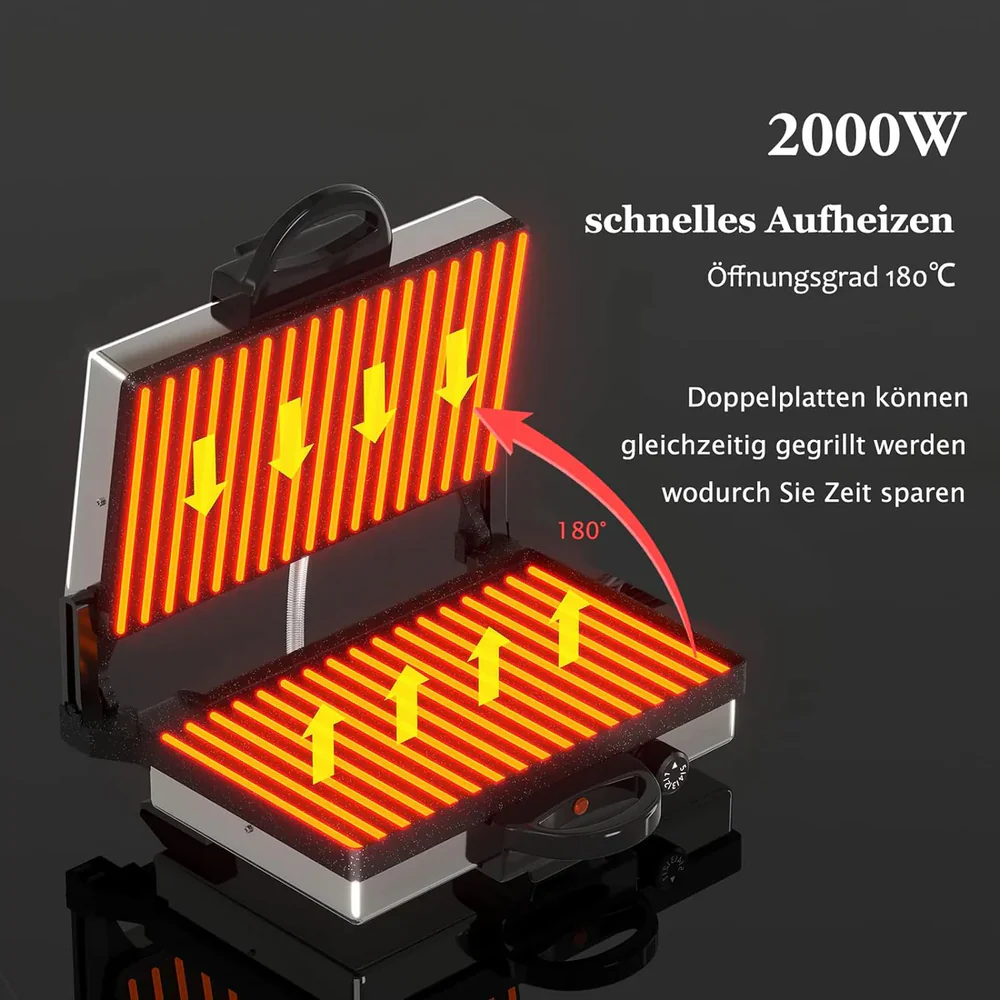 2000W Kontaktgrill: Multi-Grill & Brotmaschine, Edelstahl, Antihaft-Beschichtung