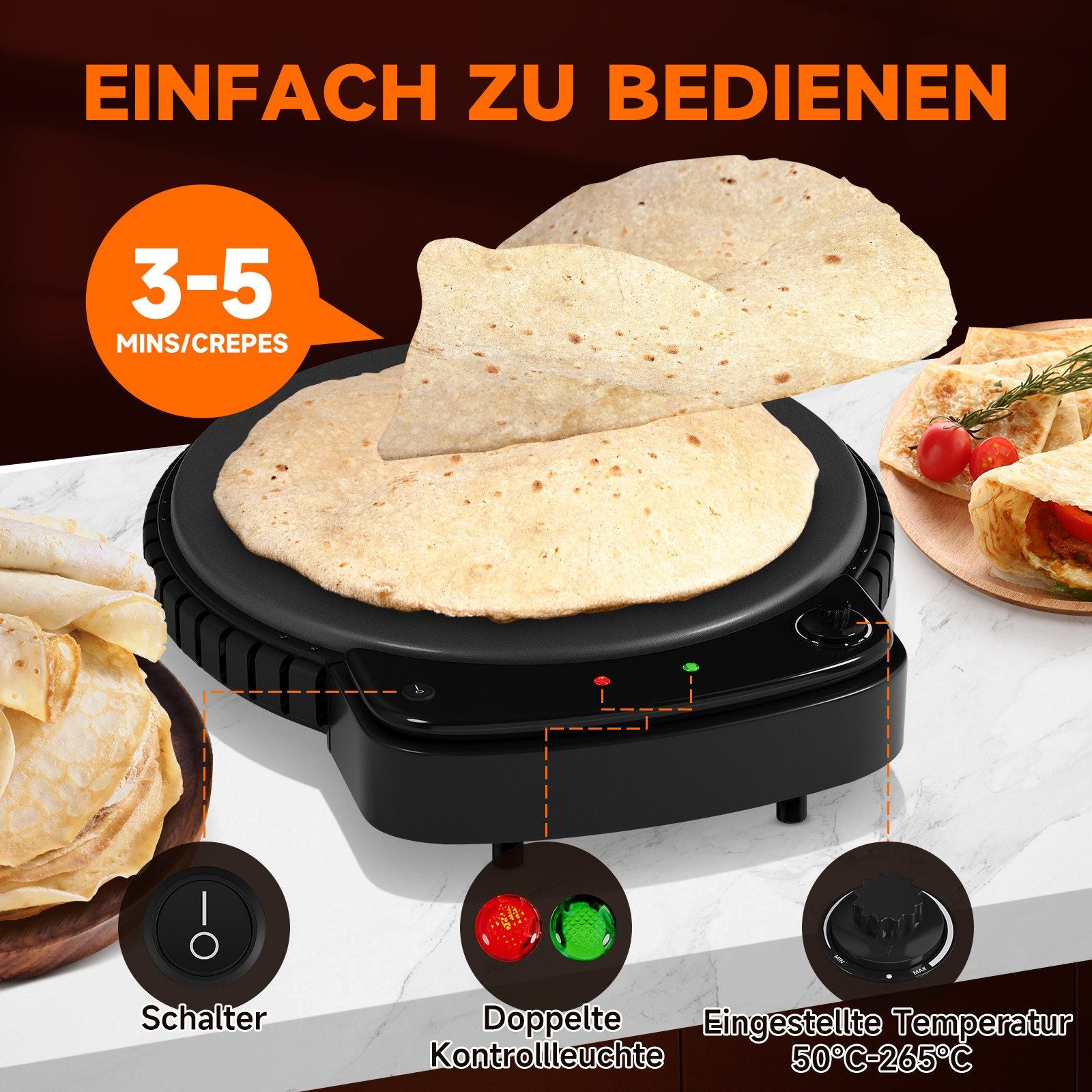 HOMELUX Crêpesmaker 2500W Ø50 cm Pancakemaker, Temperaturregler , Crêpesmaker