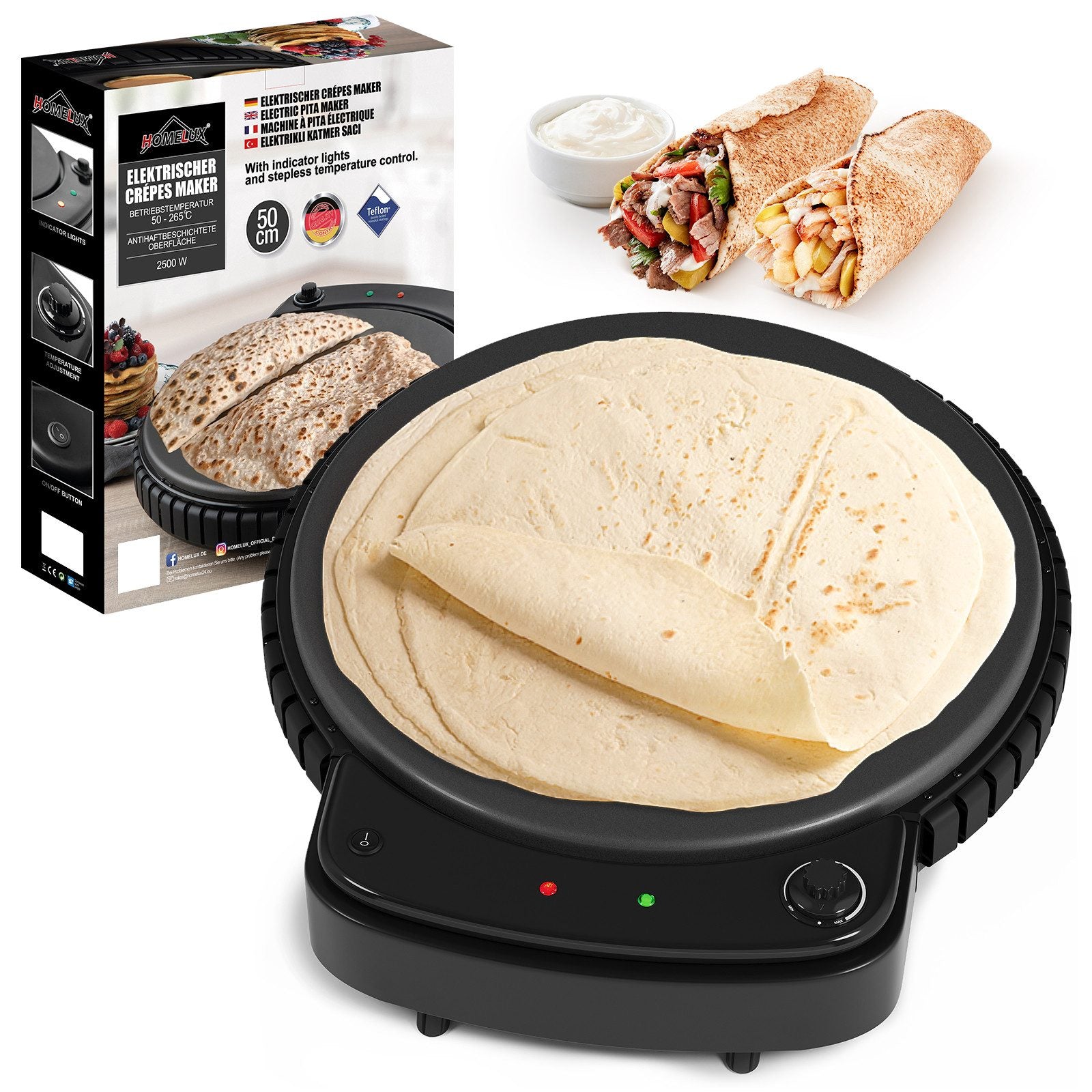 HOMELUX Crêpesmaker 2500W Ø50 cm Pancakemaker, Temperaturregler , Crêpesmaker