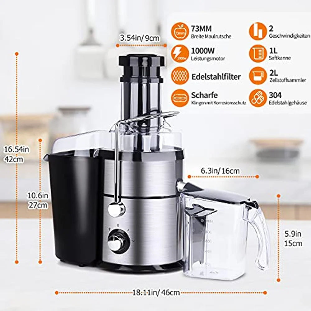 Juicer for fruit and vegetables, stainless steel juicer, centrifugal juicer 1000W juicer with 1L juice jug 73mm filling opening juicer electric 