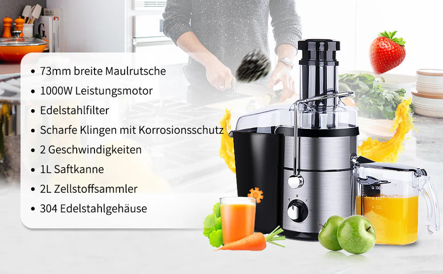 Entsafter für Obst und Gemüse, Entsafter aus Edelstahl, Zentrifugalentsafter 1000W Juicer mit 1L Saftkanne 73mm Füllöffnung Saftpresse Elektrisch