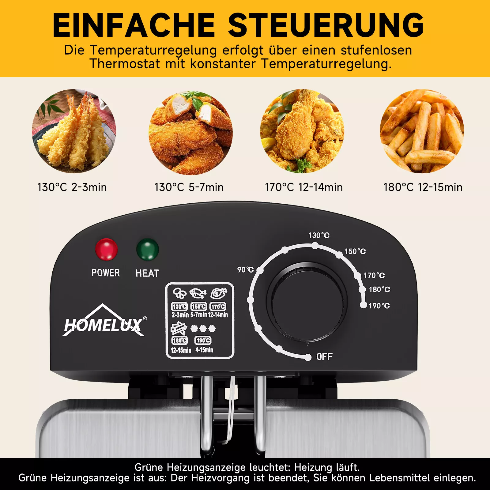 HOMELUX Edelstahl Fritteuse - 3L, 2000W, Öl- und Temperaturregler