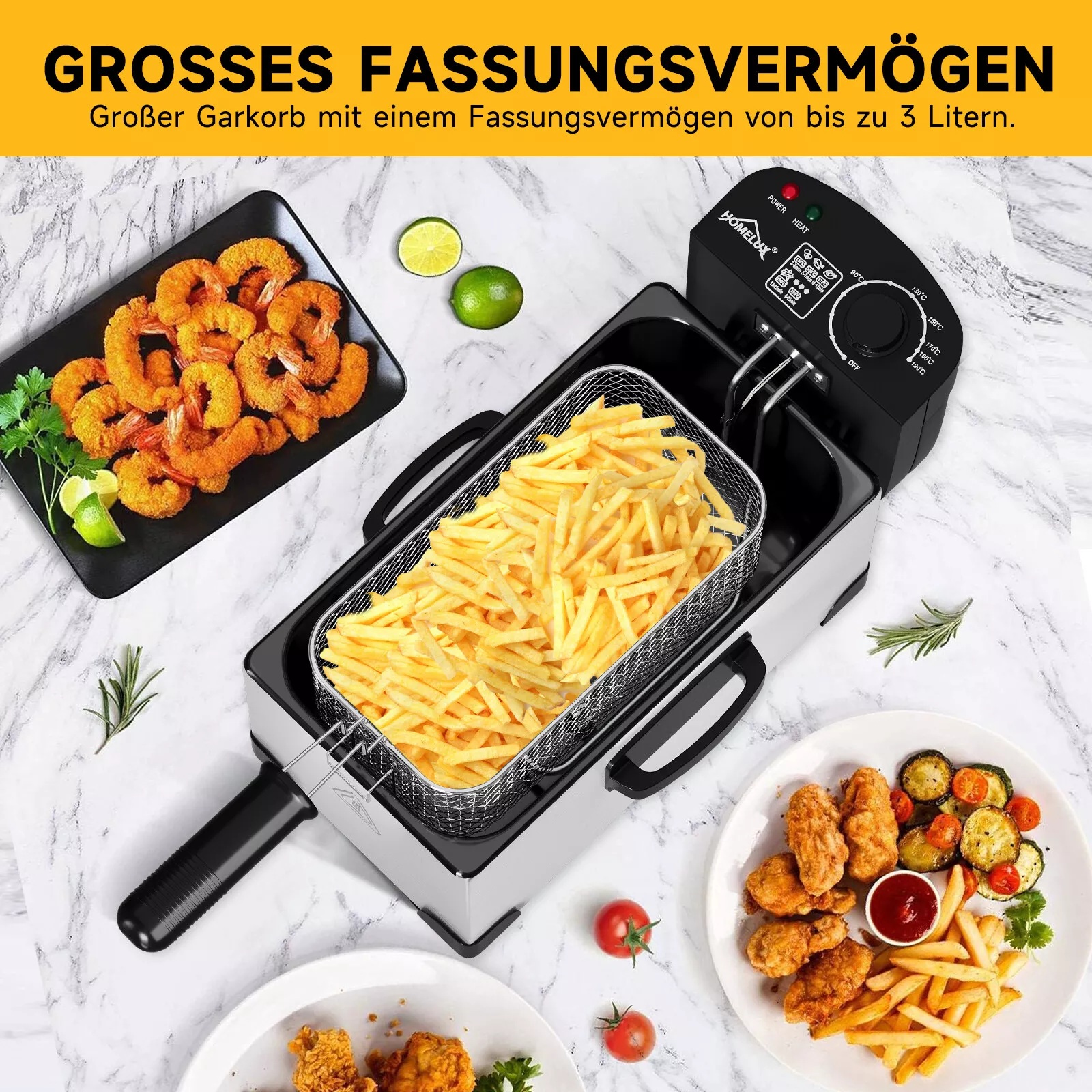 Edelstahl HOMELUX Fritteuse - 3L, 2000W, Ölregler, Temperatursteuerung