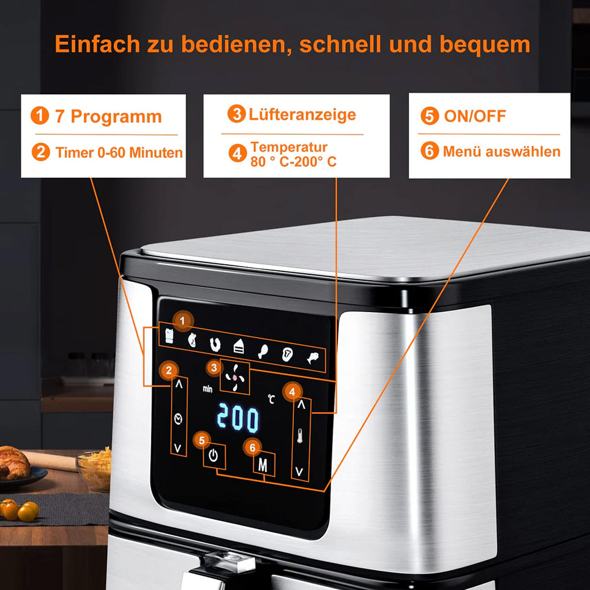 Fritteusen 5,5L XXL Friteuse Airfryer Heißluftfritteuse 1800W multifunktional