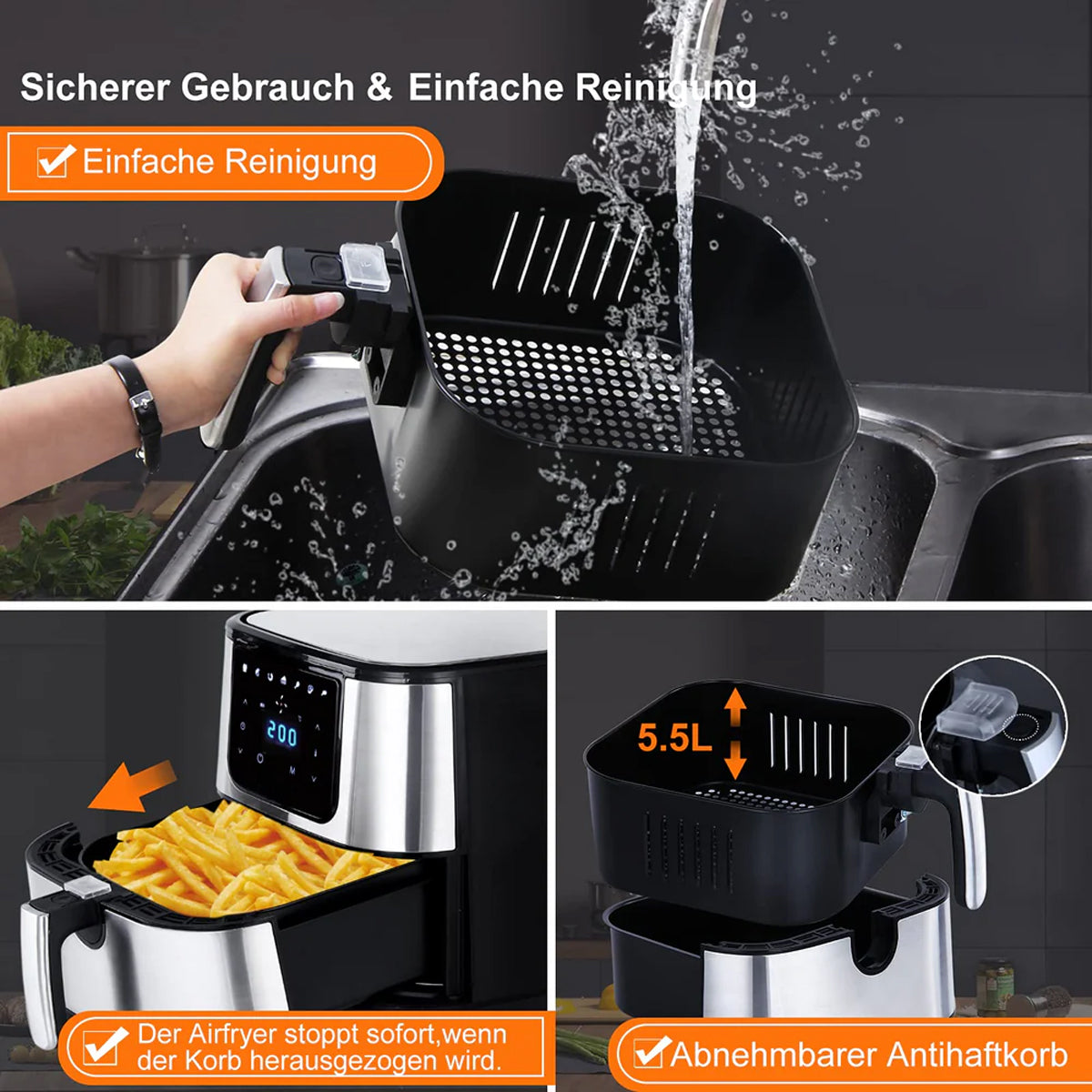 Fritteusen 5,5L XXL Friteuse Airfryer Heißluftfritteuse 1800W multifunktional