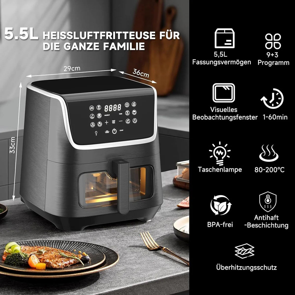 Heißluftfritteuse XXL 5.5L Sicherheitsschutz Airfryer mit Sichtfenster, 1800W, 12 Programmen LED-Touchscreen BPA-frei