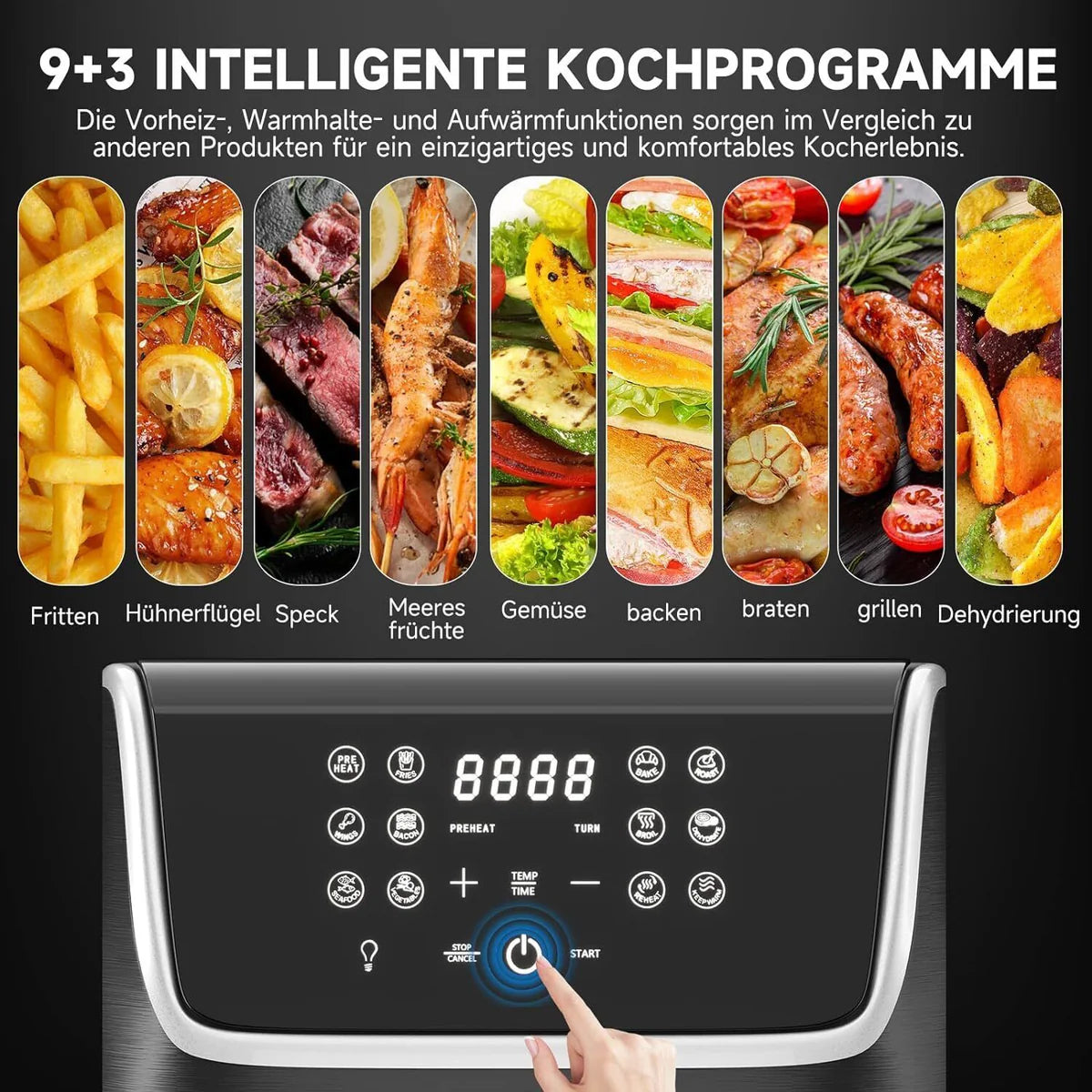 Heißluftfritteuse XXL 5.5L Sicherheitsschutz Airfryer mit Sichtfenster, 1800W, 12 Programmen LED-Touchscreen BPA-frei