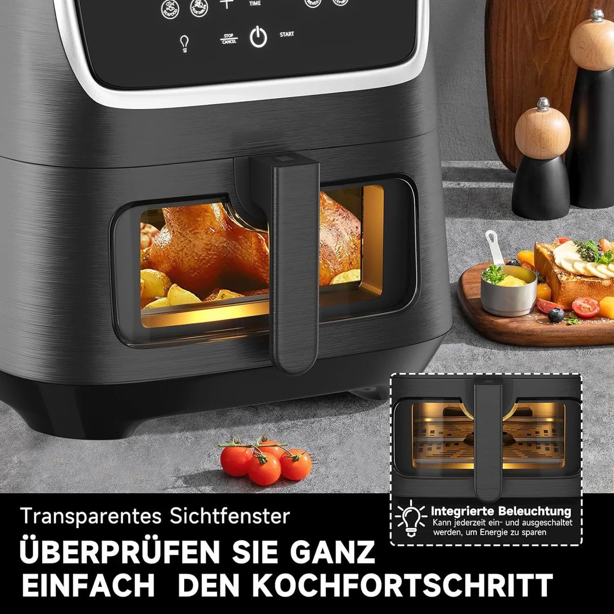 Heißluftfritteuse XXL 5.5L Sicherheitsschutz Airfryer mit Sichtfenster, 1800W, 12 Programmen LED-Touchscreen BPA-frei