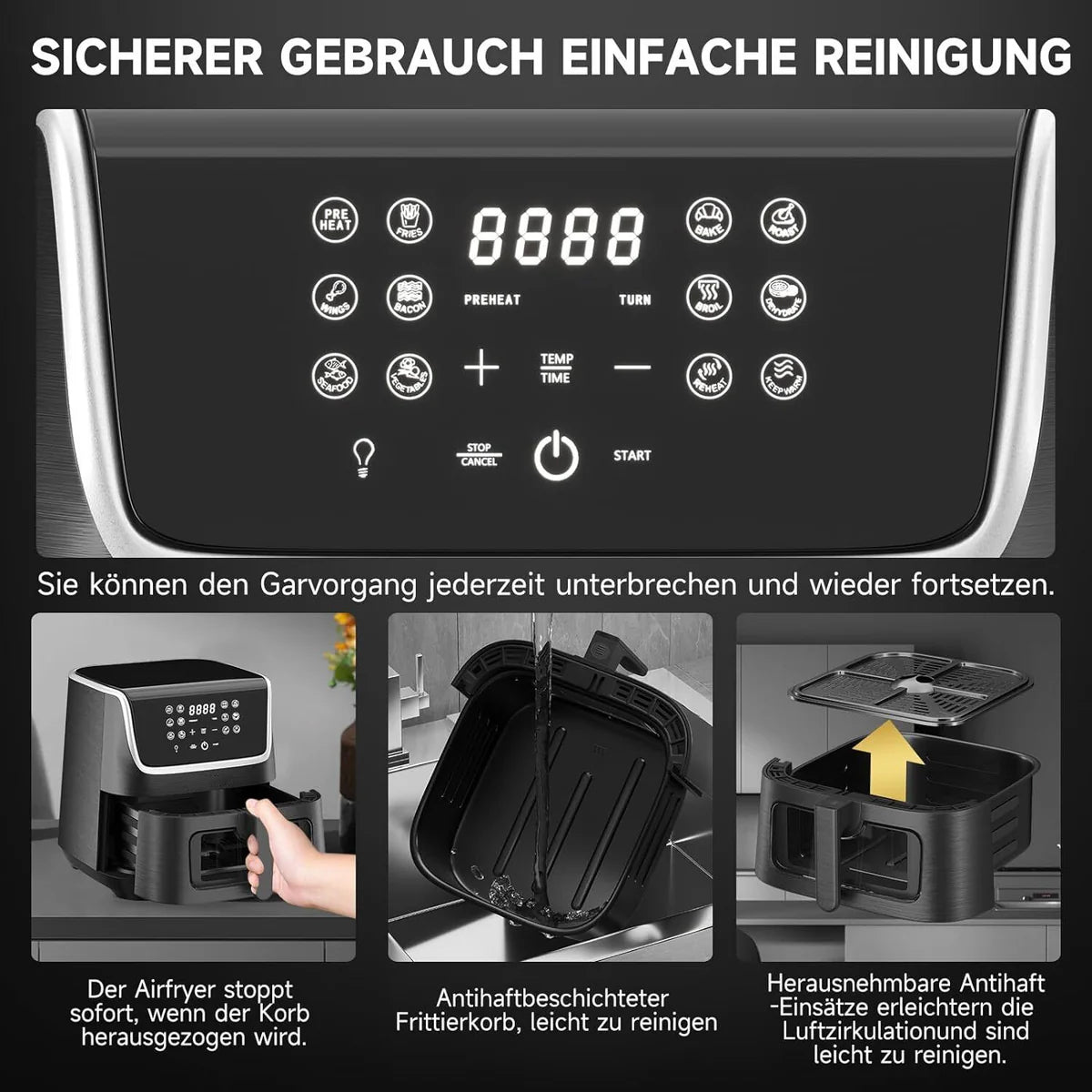 Heißluftfritteuse XXL 5.5L Sicherheitsschutz Airfryer mit Sichtfenster, 1800W, 12 Programmen LED-Touchscreen BPA-frei