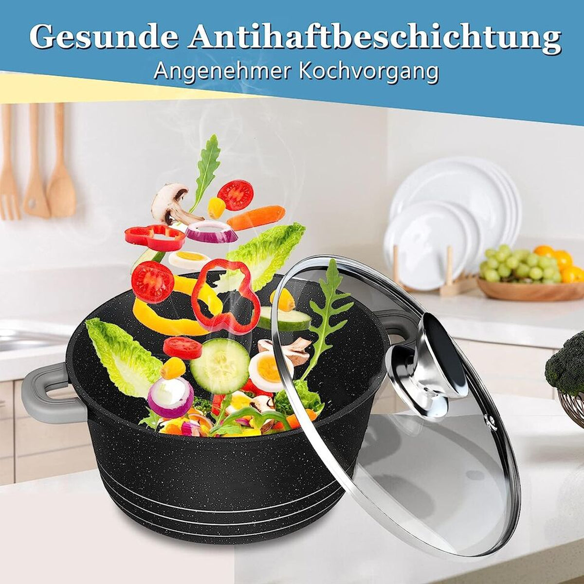 Topfset 24cm,4L&28cm,6L&32cm,10L&36cm,14L Kochtopf Set Induktions mit Glasdeckel