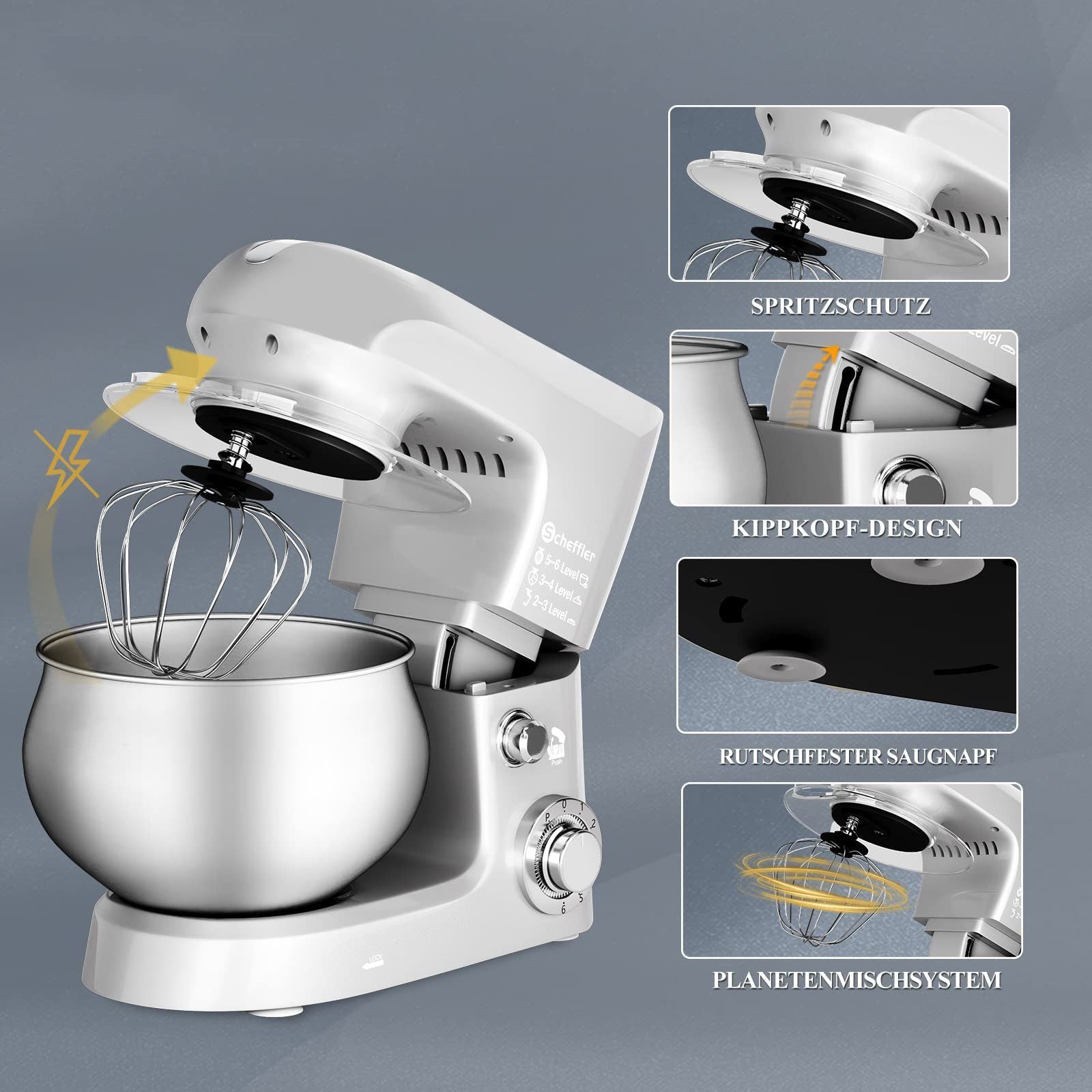 6-Gang-Knetmaschine, 2000W, 5L Edelstahl-Schüssel Küchenmaschine