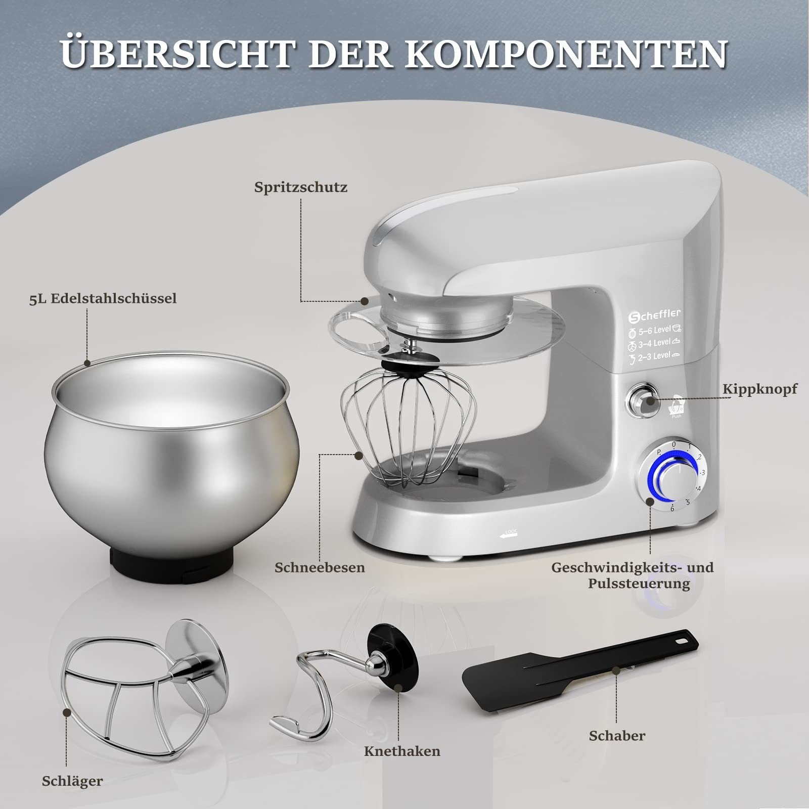 Küchenmaschine 2000W, 5L, 6-Gang Knetmaschine, Edelstahl-Schüssel