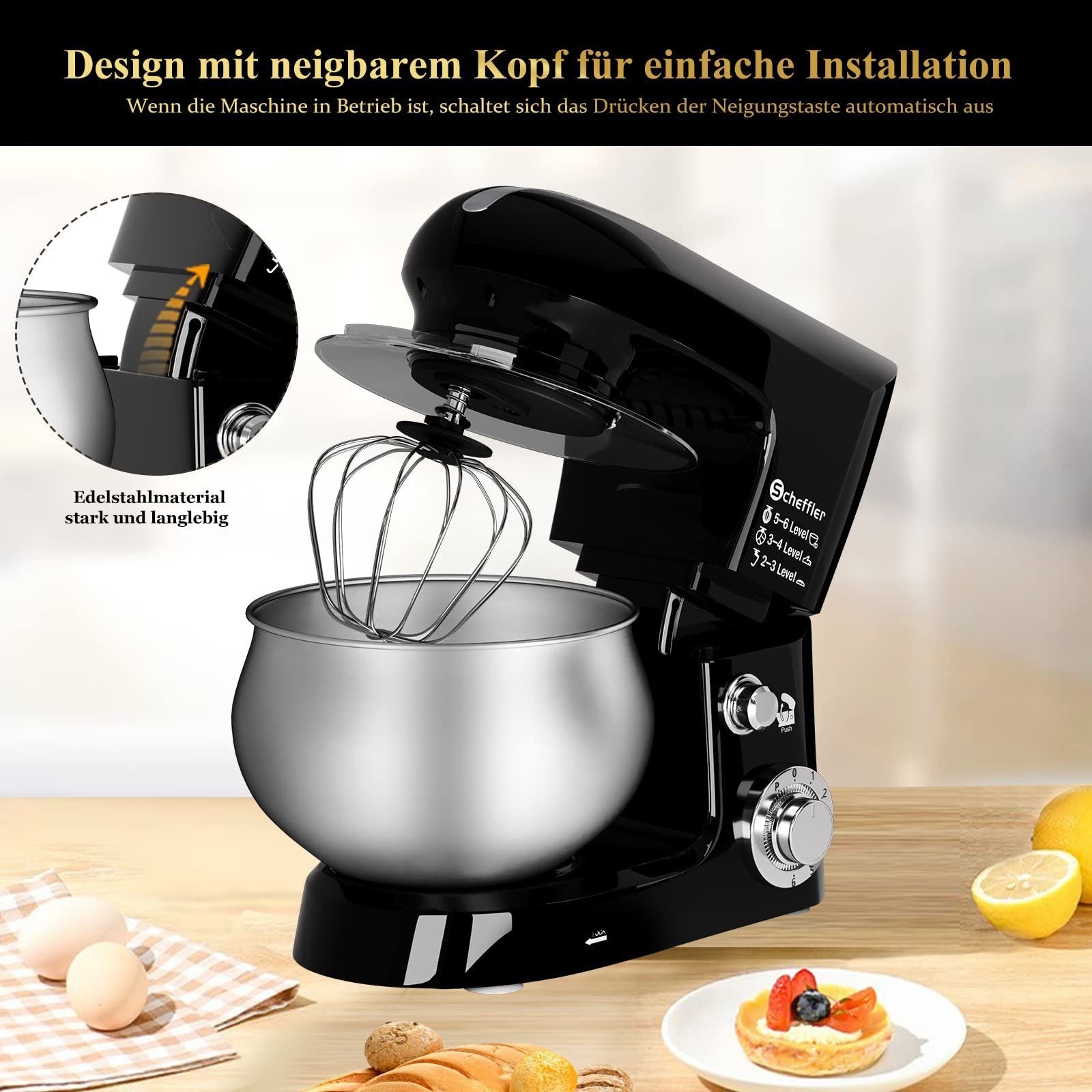 2000W-Knetmaschine mit 5L Edelstahl-Schüssel, 6-Gang-Küchenmaschine