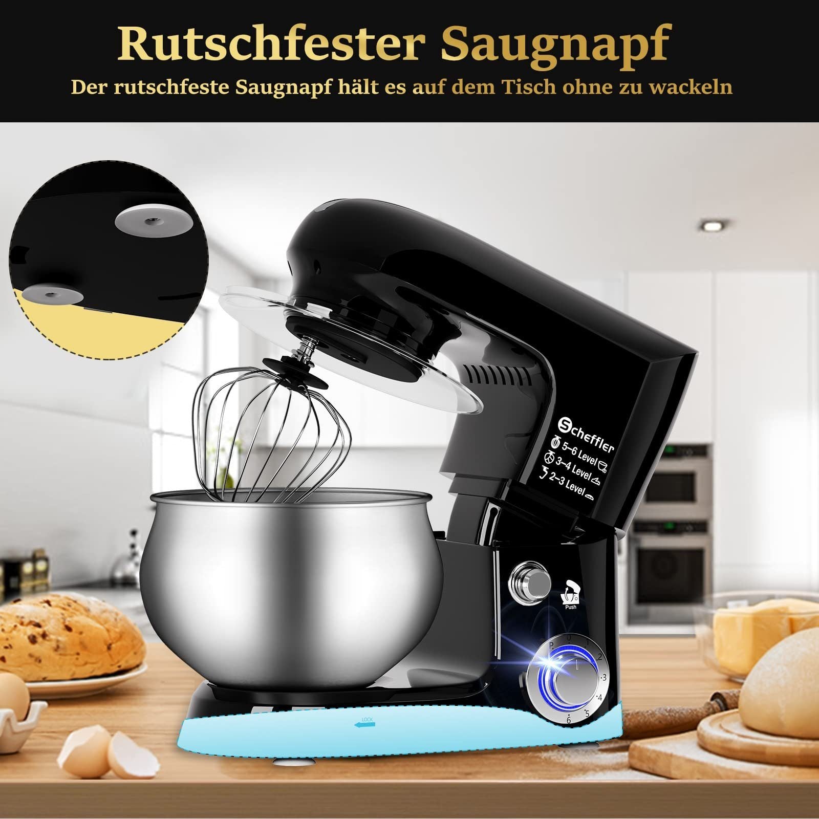 Küchenmaschine mit 6-Gang Knetfunktion, 2000W, 5L Edelstahl-Schüssel