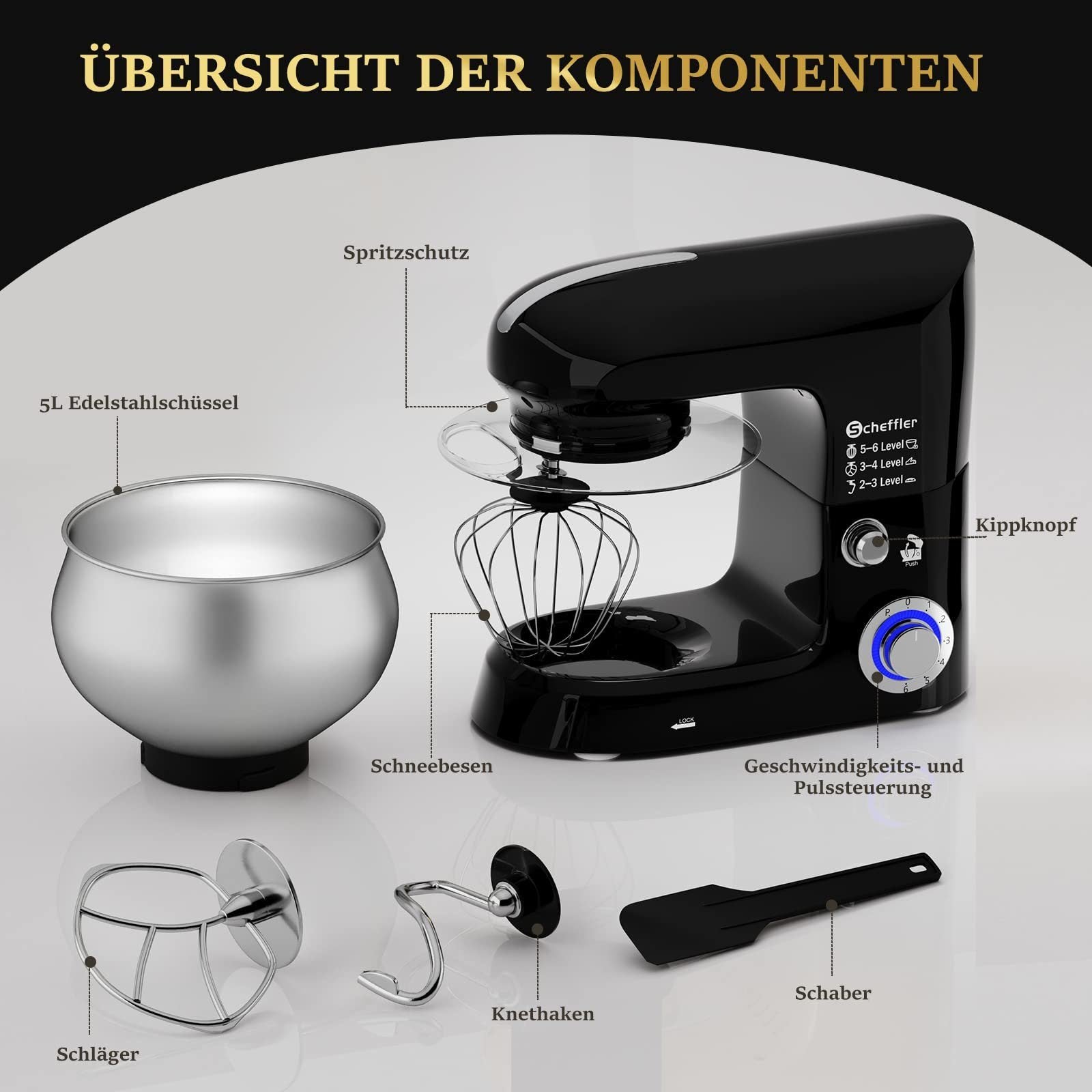 Edelstahl-Schüssel 5L, 6-Gang Knetmaschine, 2000W Küchenmaschine